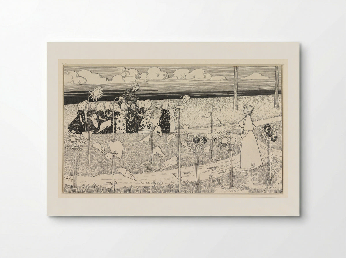Schoolklas meisjes met begeleidsters in landschap met zonnebloemen - C. Lapine - Poster