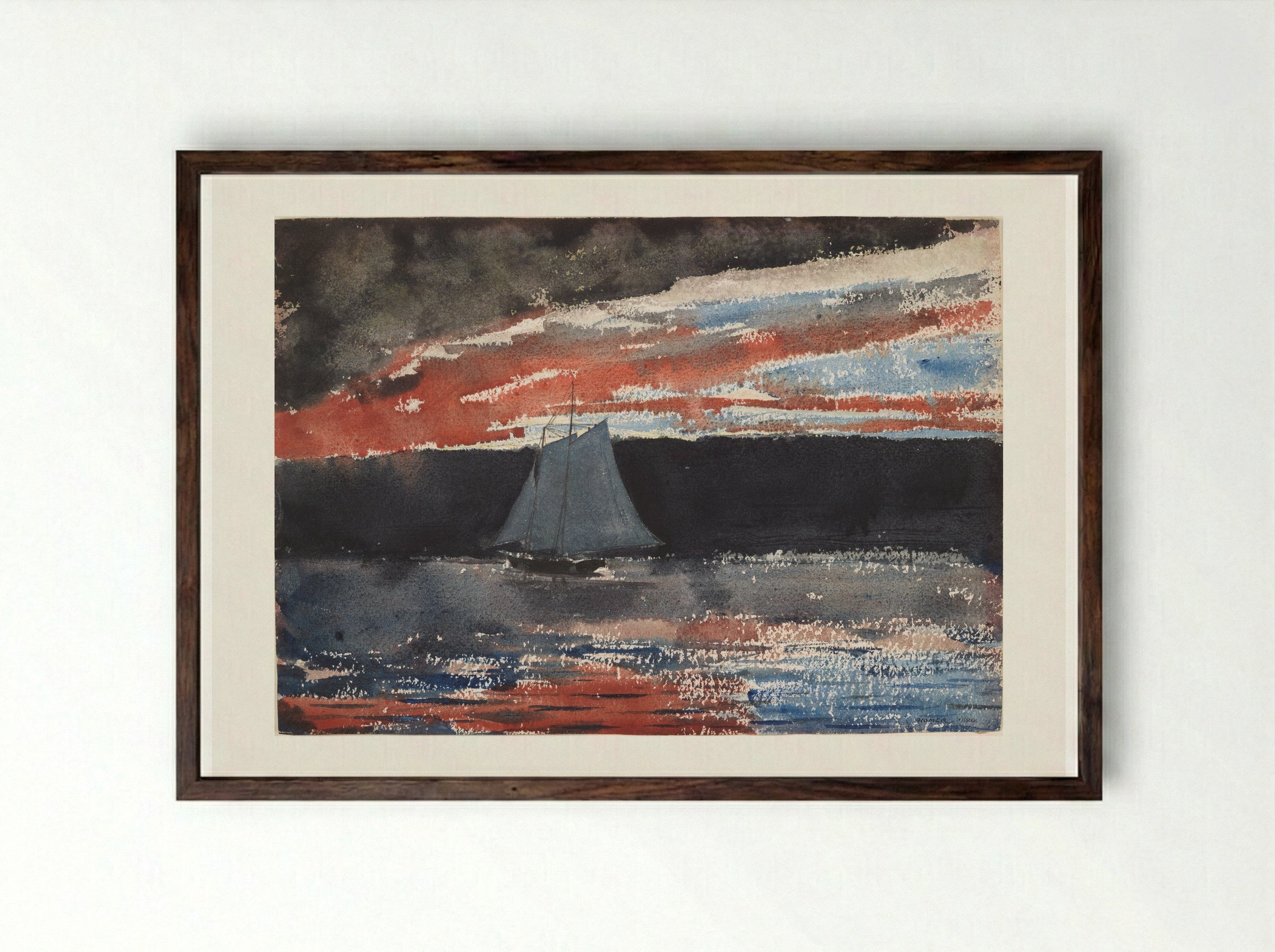 Schooner at Sunset - Winslow Homer - Framed Print Dark Wood