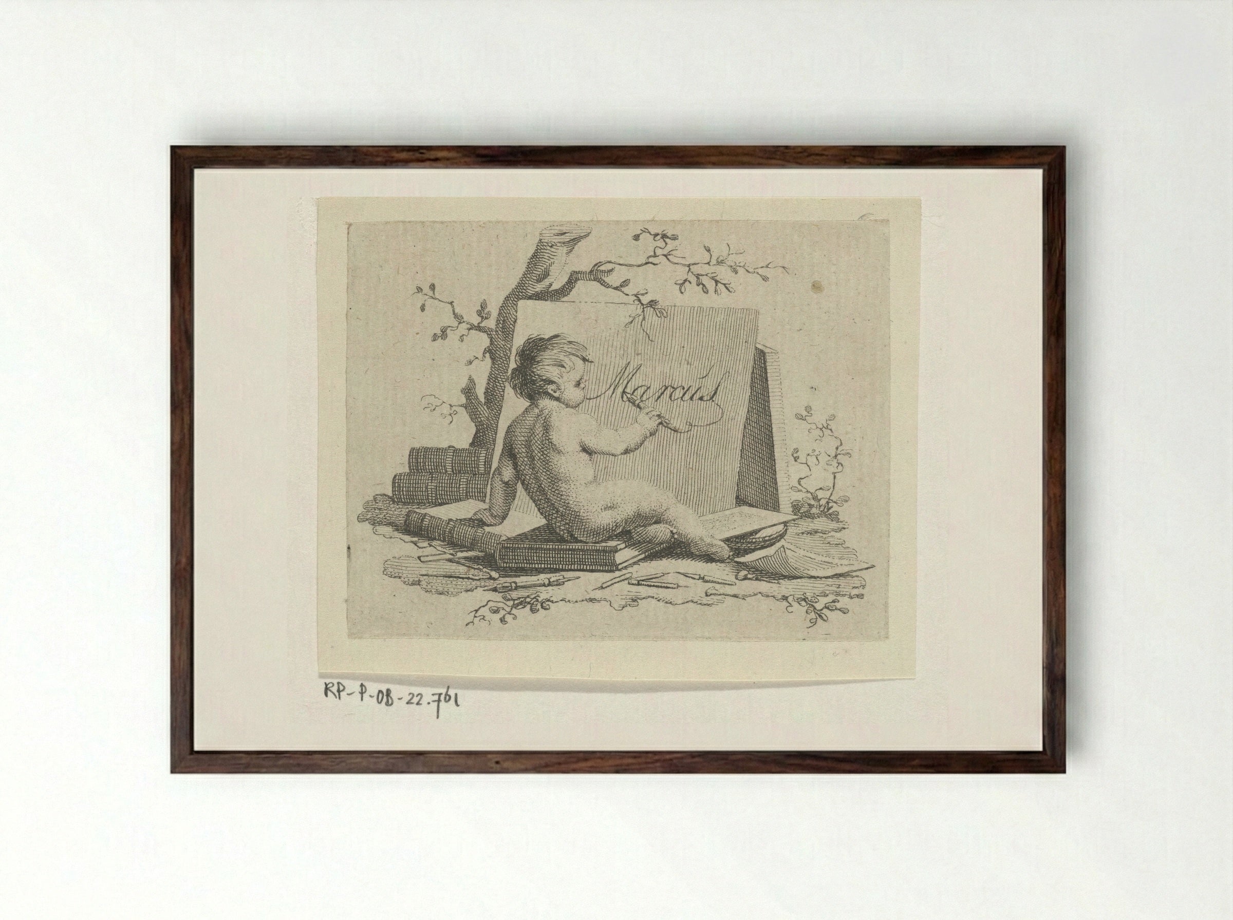 Schrijvende putto - Jacob Ernst Marcus - Framed Print Dark Wood
