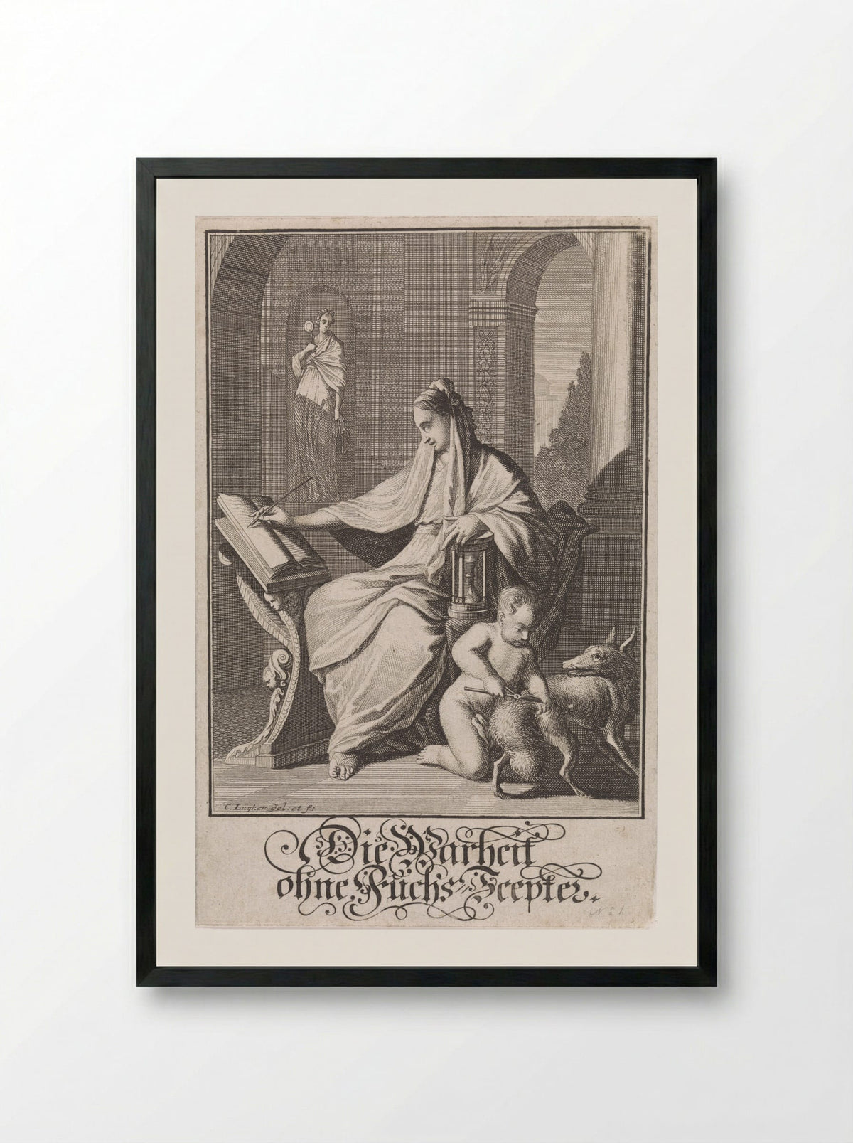 Schrijvende vrouw met zandloper - Christoph Weigel - Framed Print Black