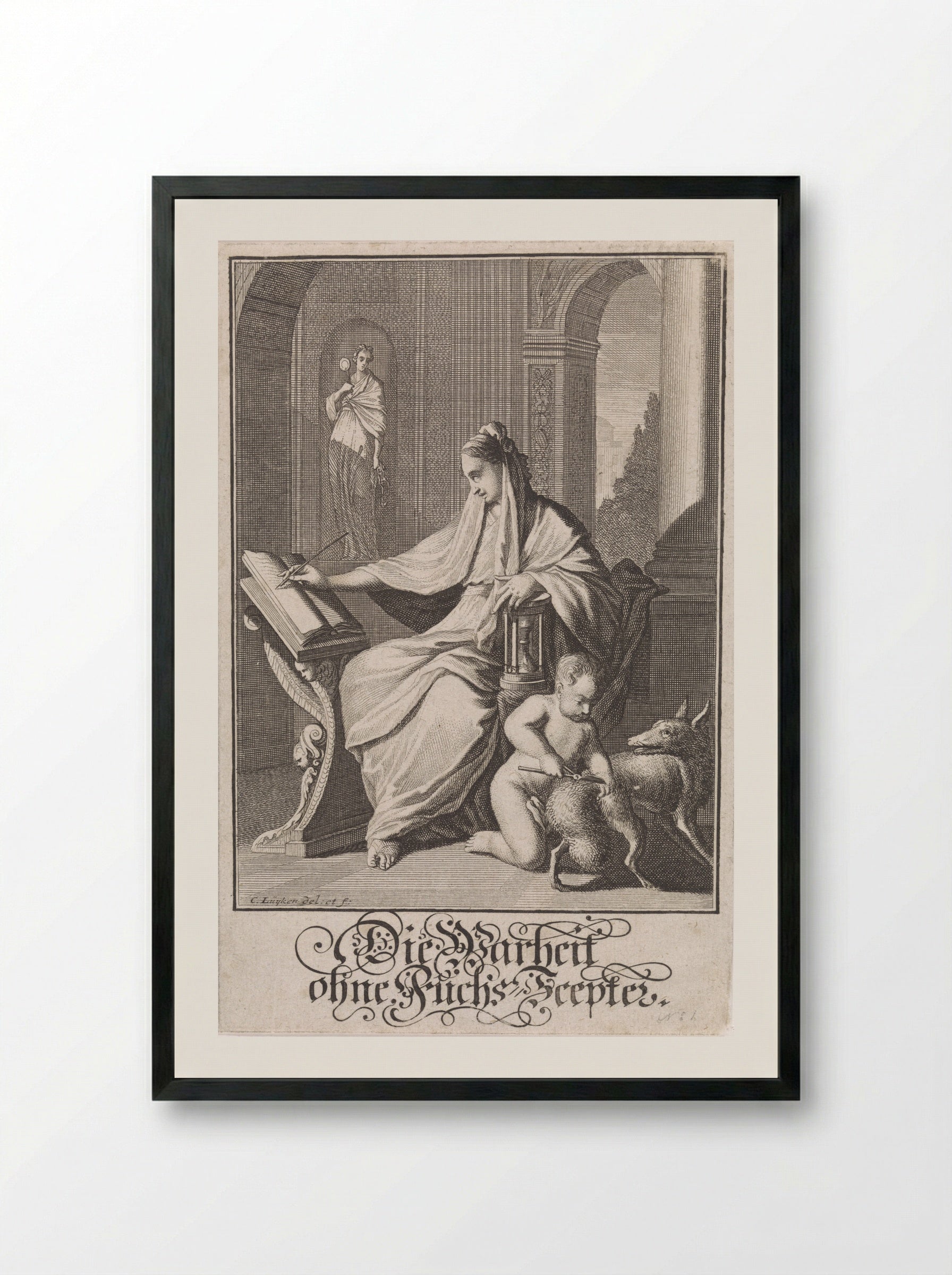 Schrijvende vrouw met zandloper - Christoph Weigel - Framed Print Black