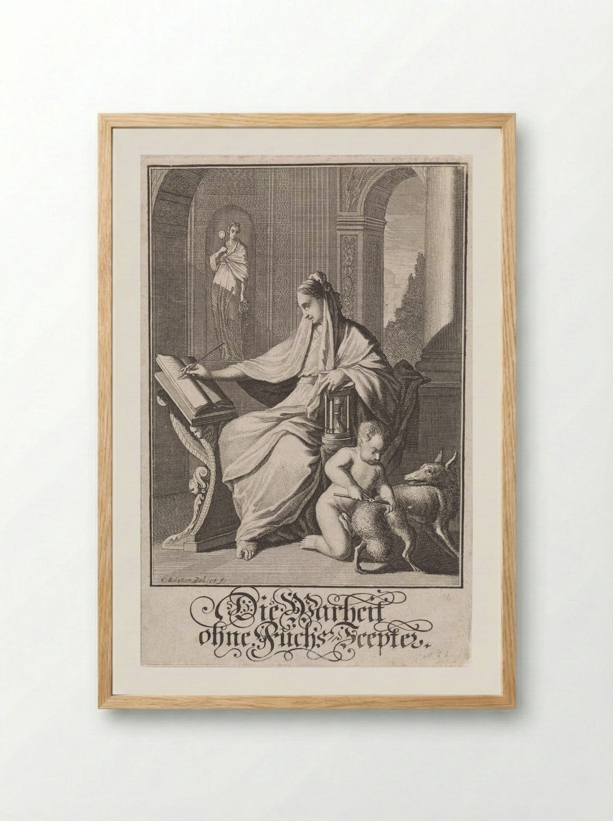Schrijvende vrouw met zandloper - Christoph Weigel - Framed Print Wood