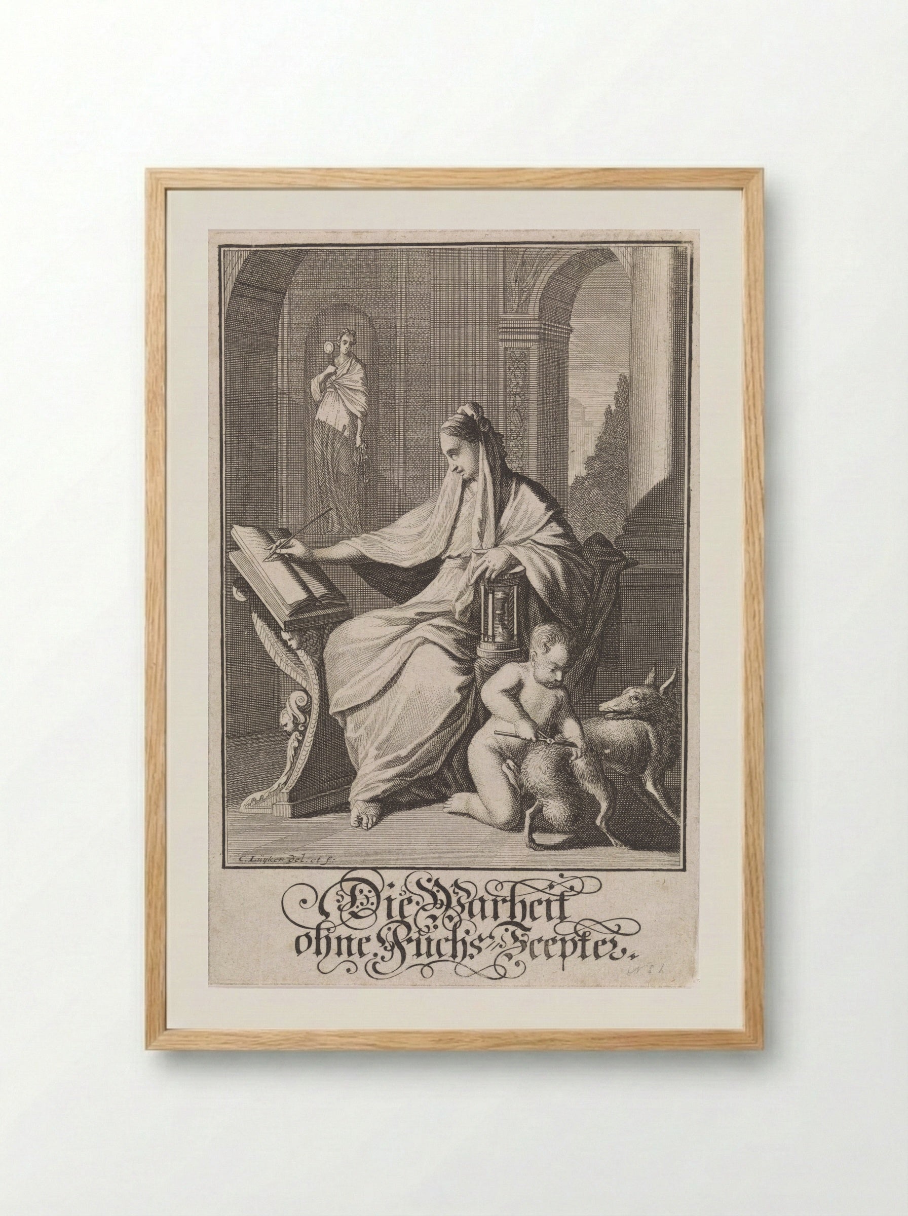 Schrijvende vrouw met zandloper - Christoph Weigel - Framed Print Wood