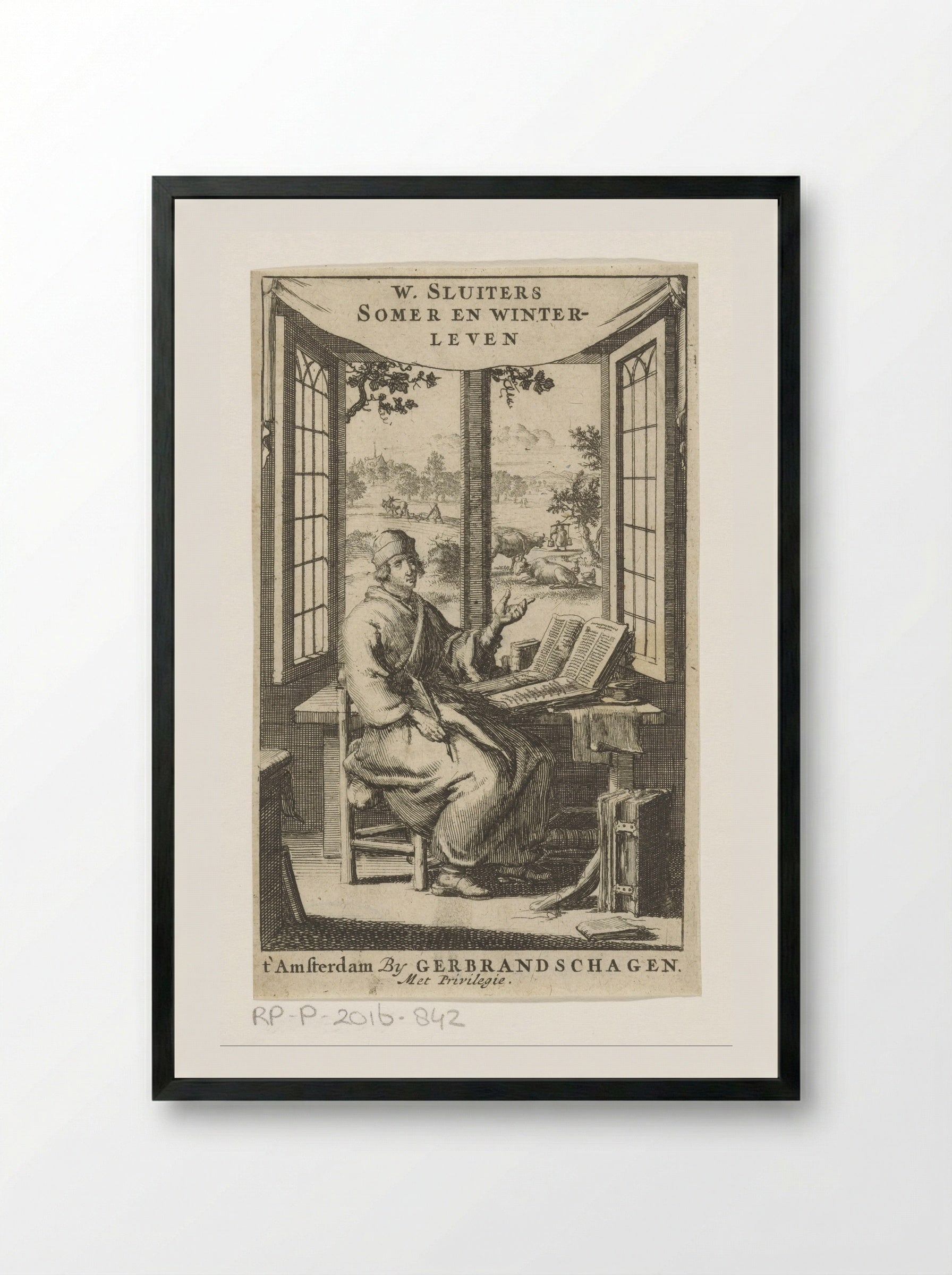Schrijver aan bureau bij geopend venster - Jan Luyken - Framed Print Black