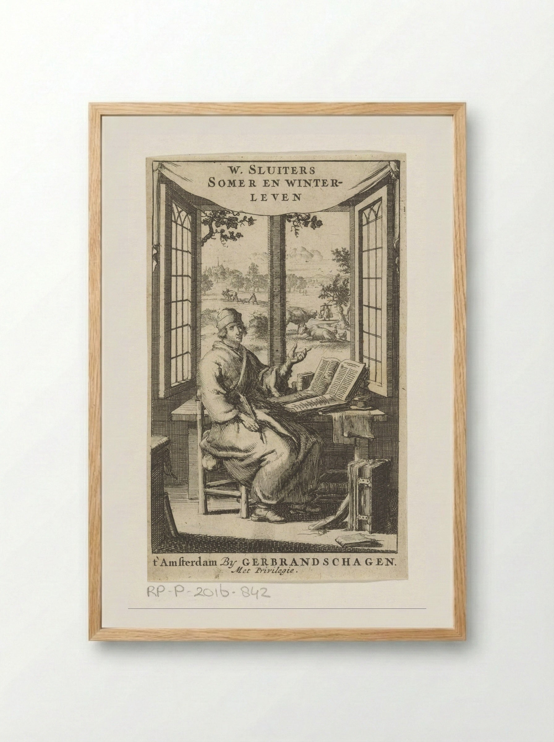 Schrijver aan bureau bij geopend venster - Jan Luyken - Framed Print Wood
