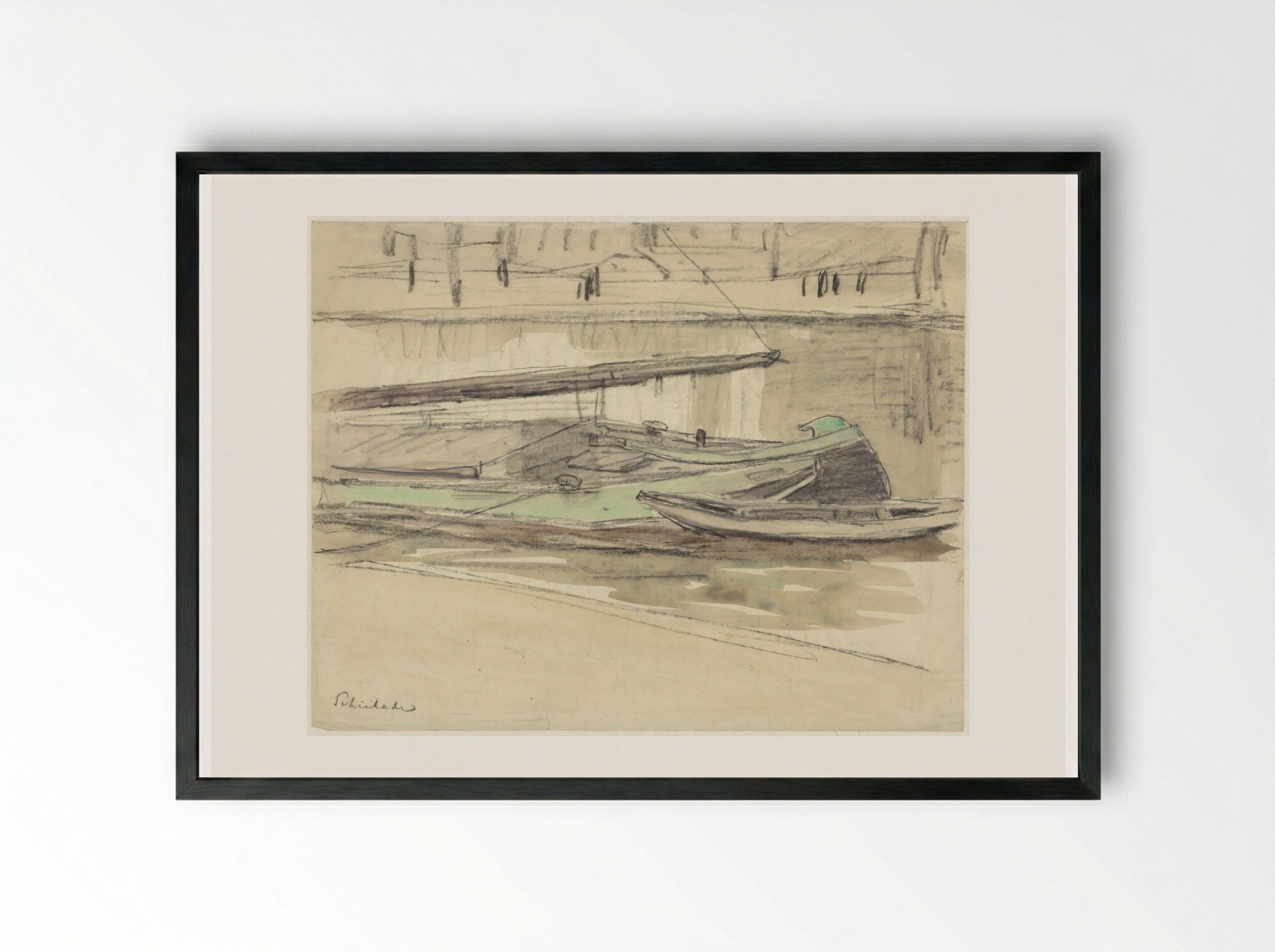 Schuit aangemeerd aan de Schiekade - Adolf le Comte - Framed Print Black