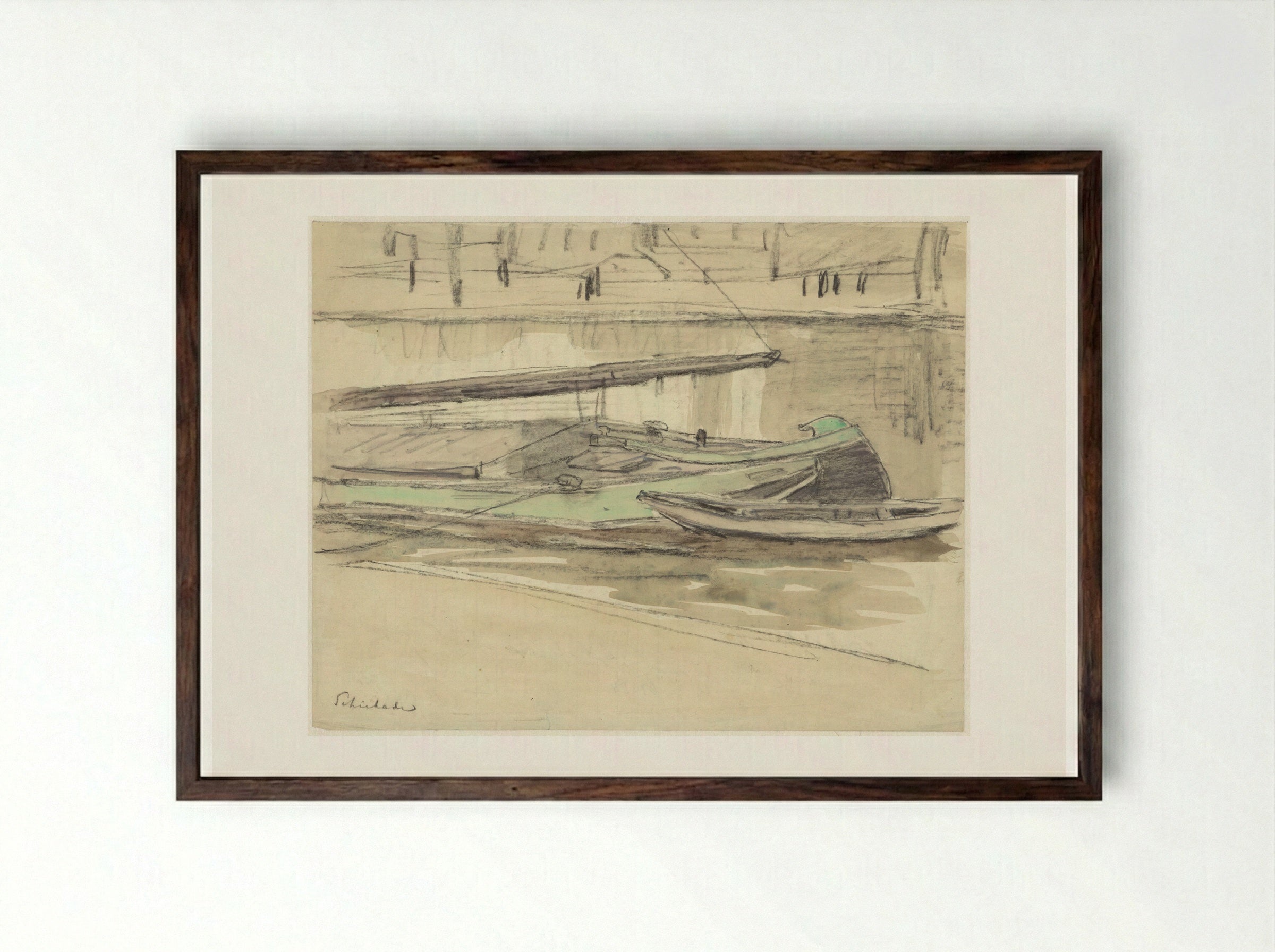Schuit aangemeerd aan de Schiekade - Adolf le Comte - Framed Print Dark Wood