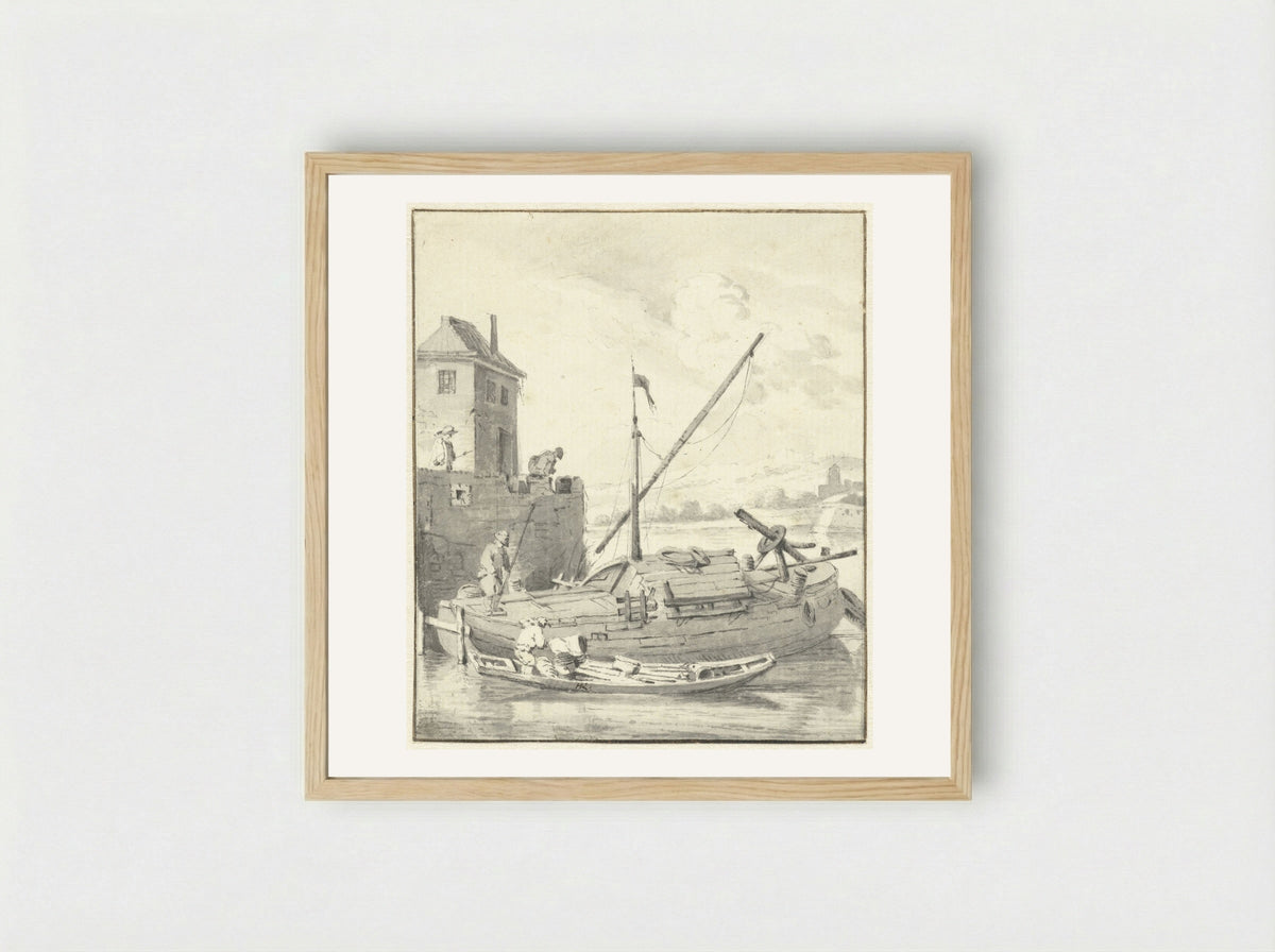 Schuit bij een stadsmuur - Hendrik Rietschoof - Framed Print Wood