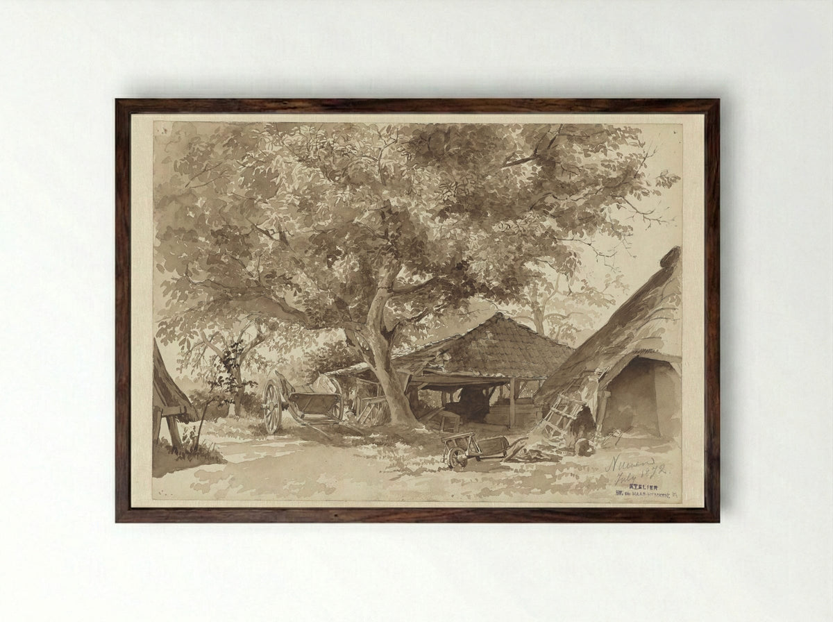 Schuren onder hoog geboomte (Barns Under Tall Trees) - Willem de Haas Hemken - Framed Print Dark Wood