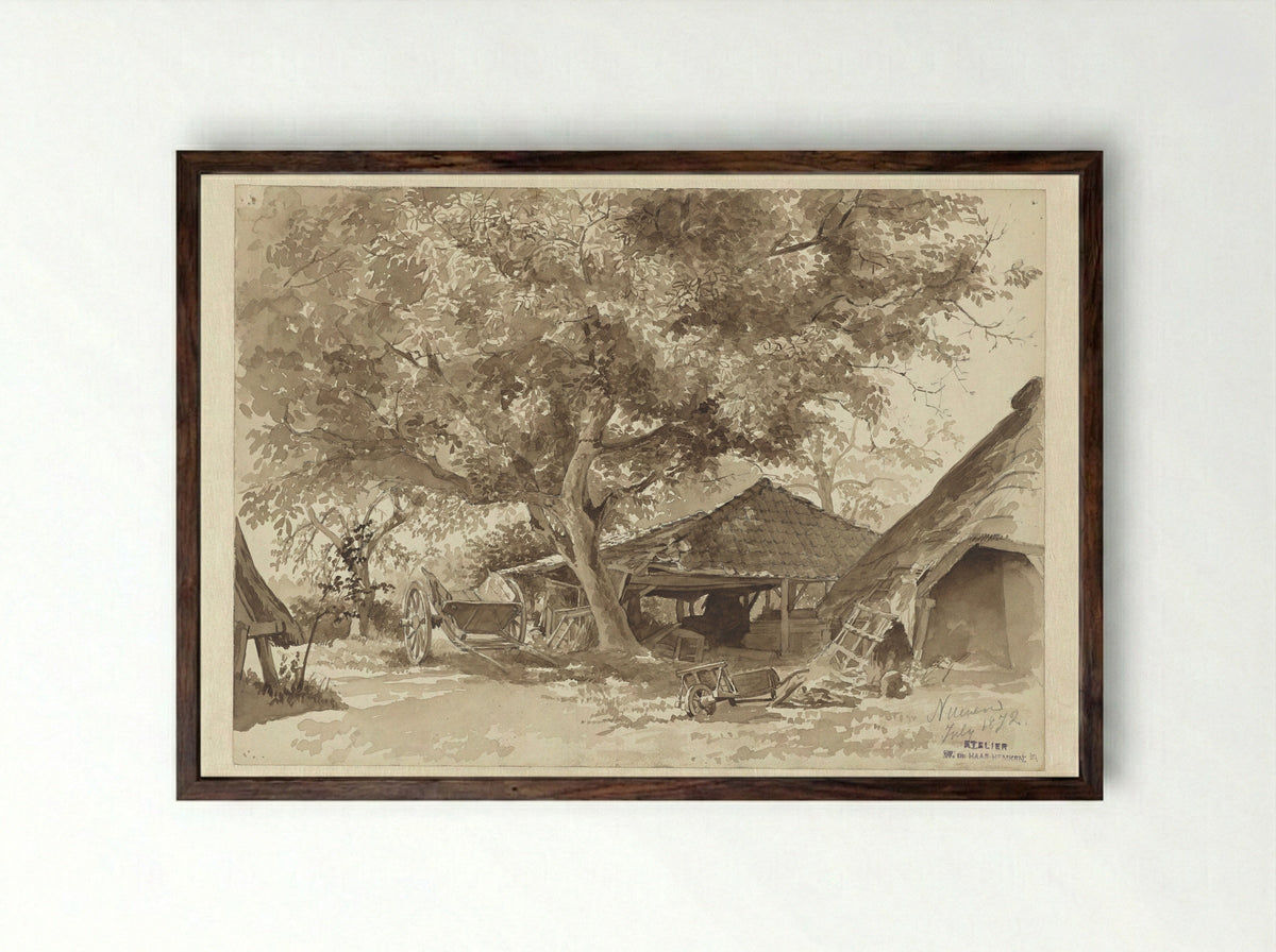 Schuren onder hoog geboomte (Barns Under Tall Trees) - Willem de Haas Hemken - Framed Print Dark Wood