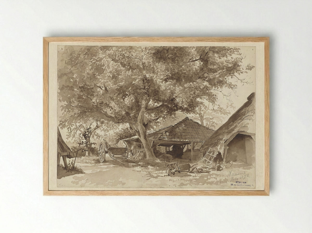 Schuren onder hoog geboomte (Barns Under Tall Trees) - Willem de Haas Hemken - Framed Print Wood