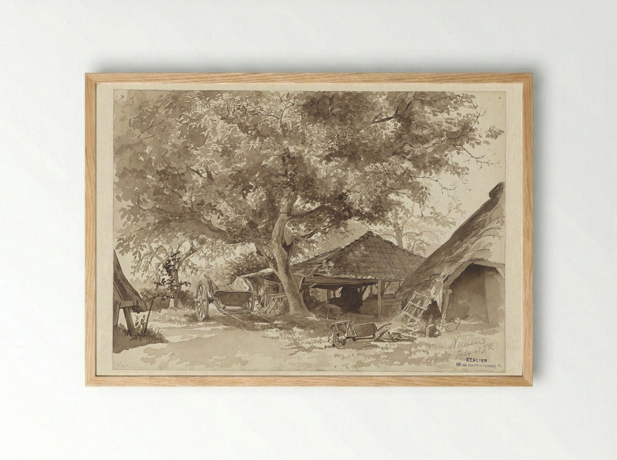 Schuren onder hoog geboomte (Barns Under Tall Trees) - Willem de Haas Hemken - Framed Print Wood