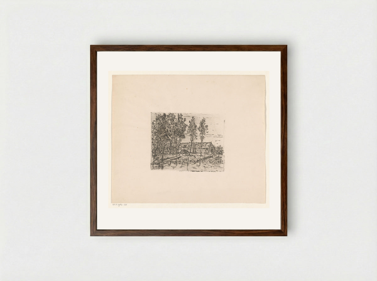 Schuur aan een sloot (Barn by a Ditch) - Jan Paul Valkema Blouw - Framed Print Dark Wood