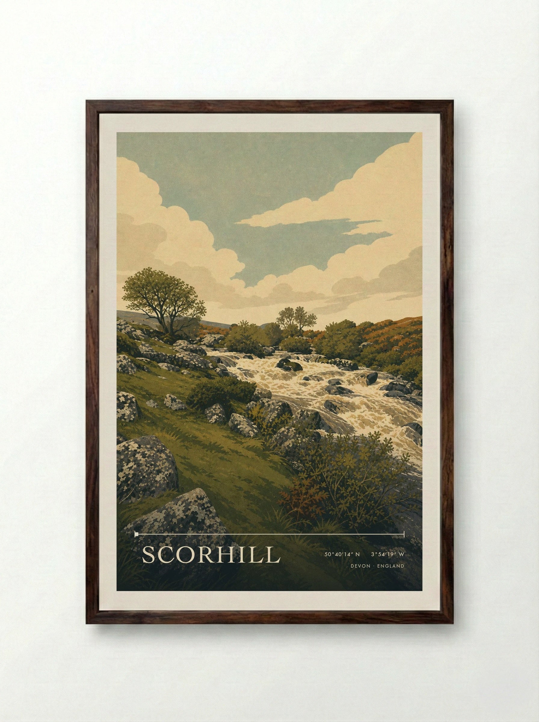 Scorhill Devon England Travel Poster - Framed Print Dark Wood