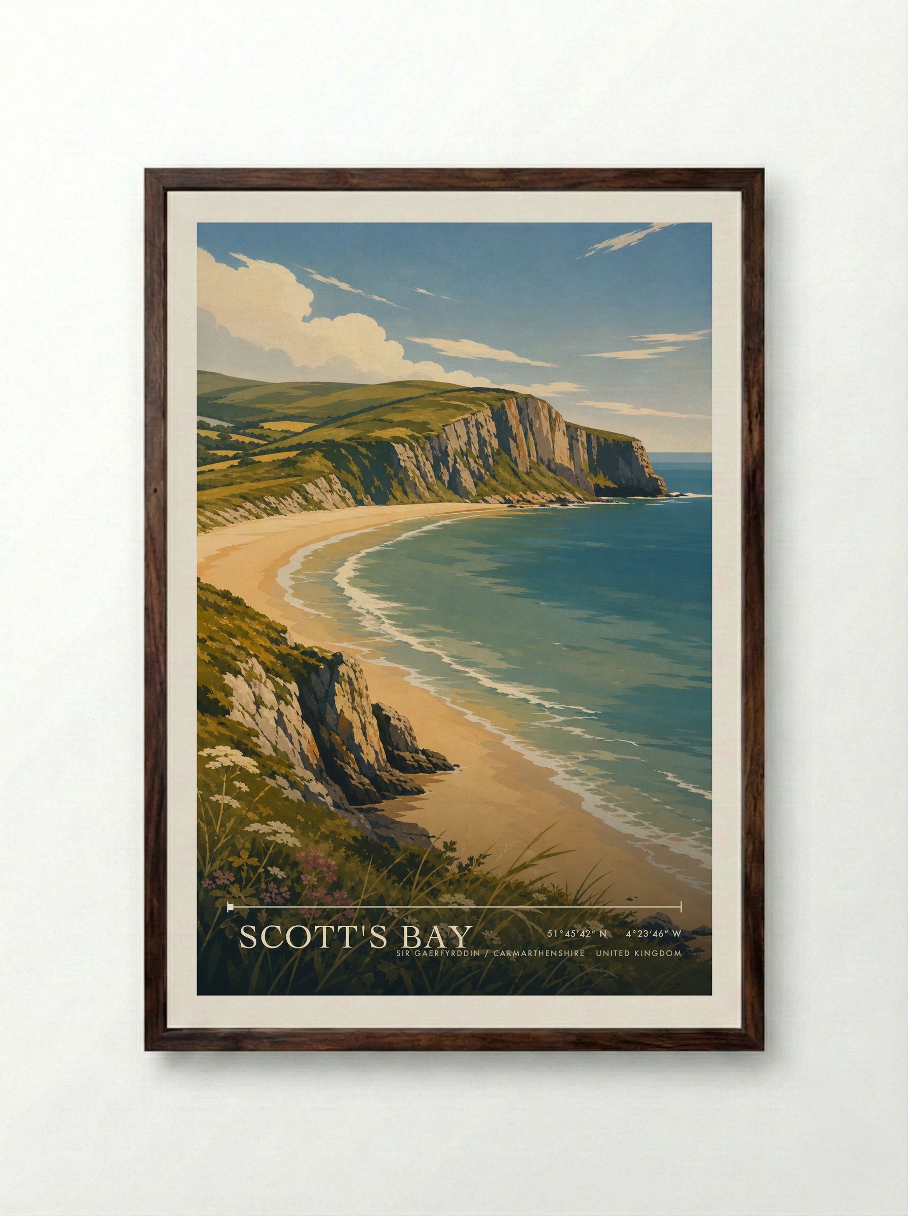 Scott's Bay Sir Gaerfyrddin / Carmarthenshire United Kingdom Travel Poster - Framed Print Dark Wood