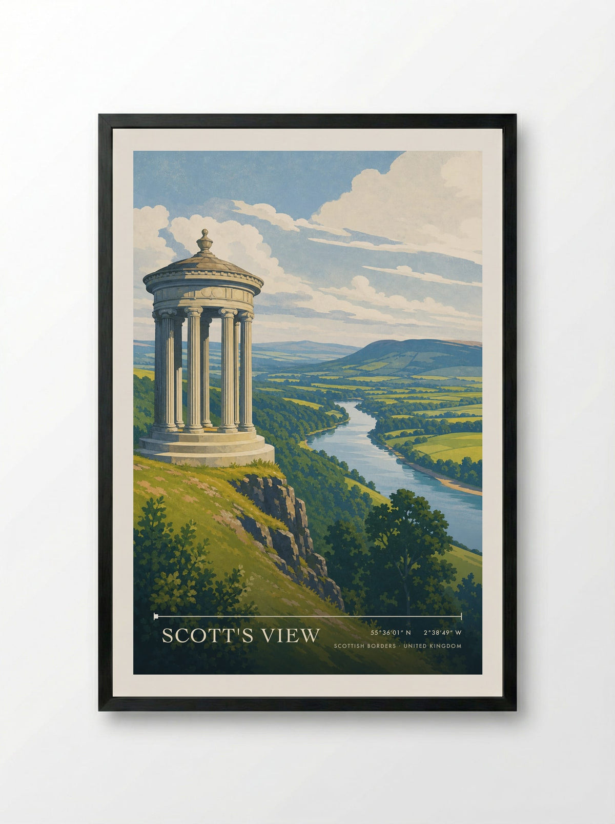 Scott's View Scottish Borders United Kingdom Travel Poster - Framed Print Black