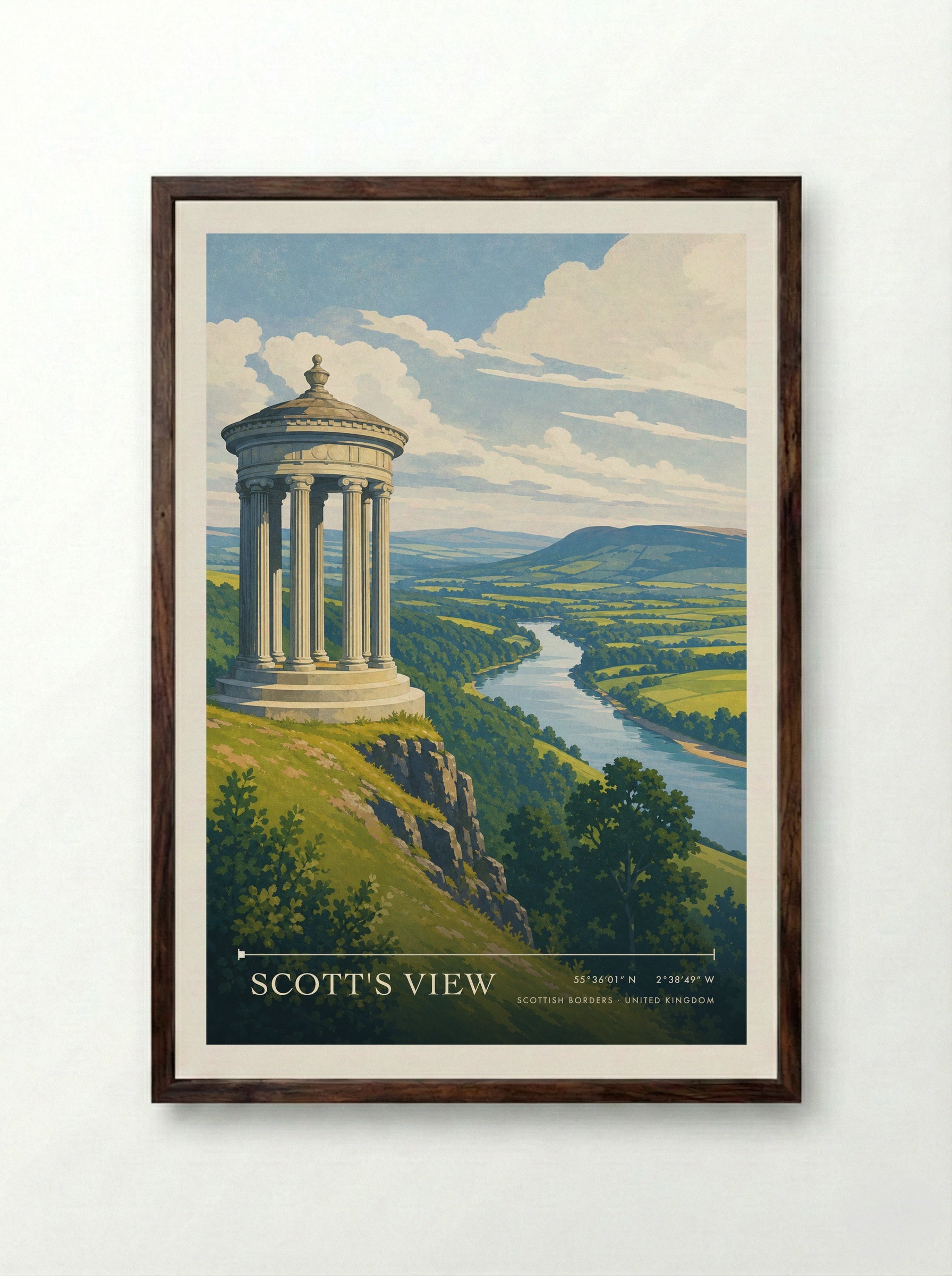 Scott's View Scottish Borders United Kingdom Travel Poster - Framed Print Dark Wood