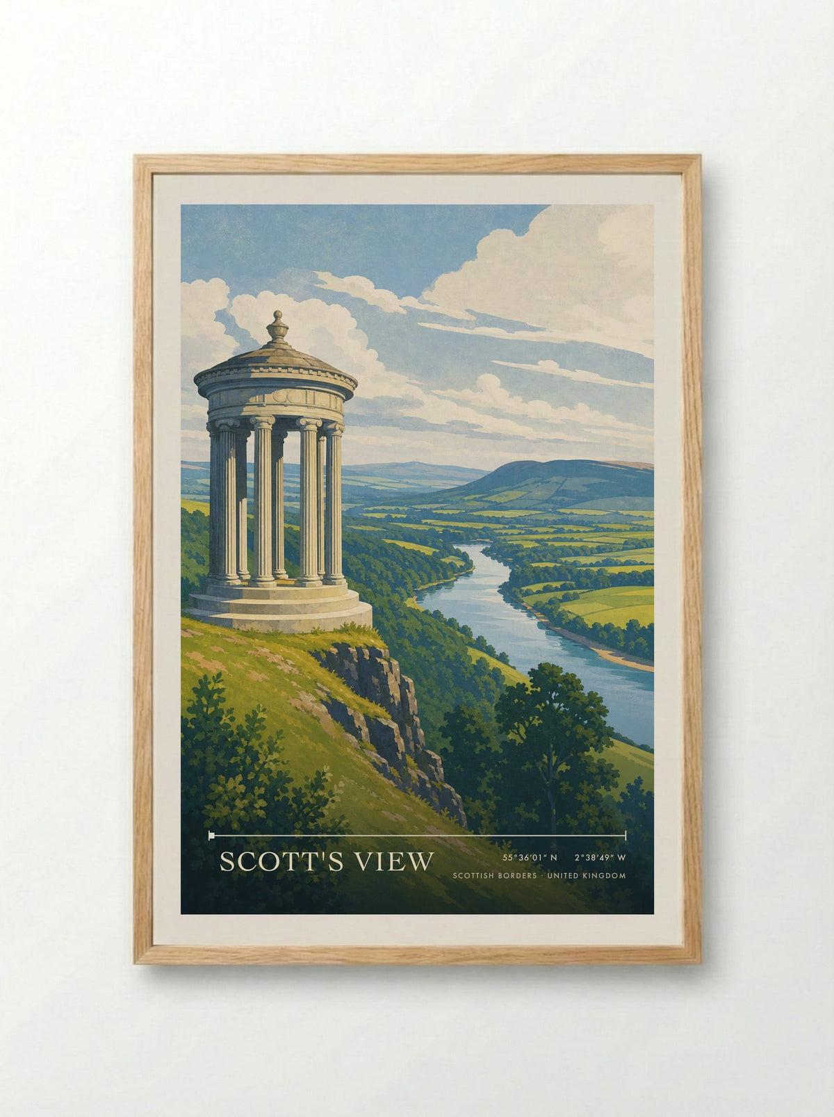 Scott's View Scottish Borders United Kingdom Travel Poster - Framed Print Wood