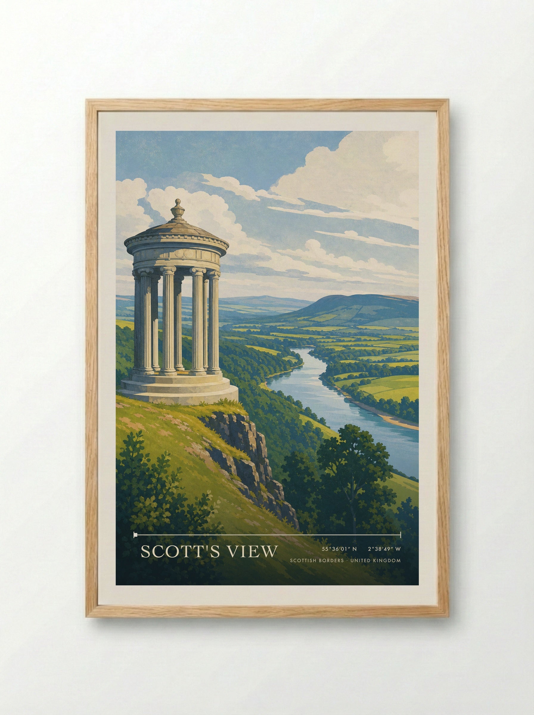 Scott's View Scottish Borders United Kingdom Travel Poster - Framed Print Wood