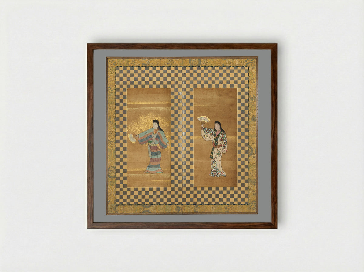 Screen of Two Dancers (Bugi zu byōbu) - Fine Art Print - Framed Print Dark Wood