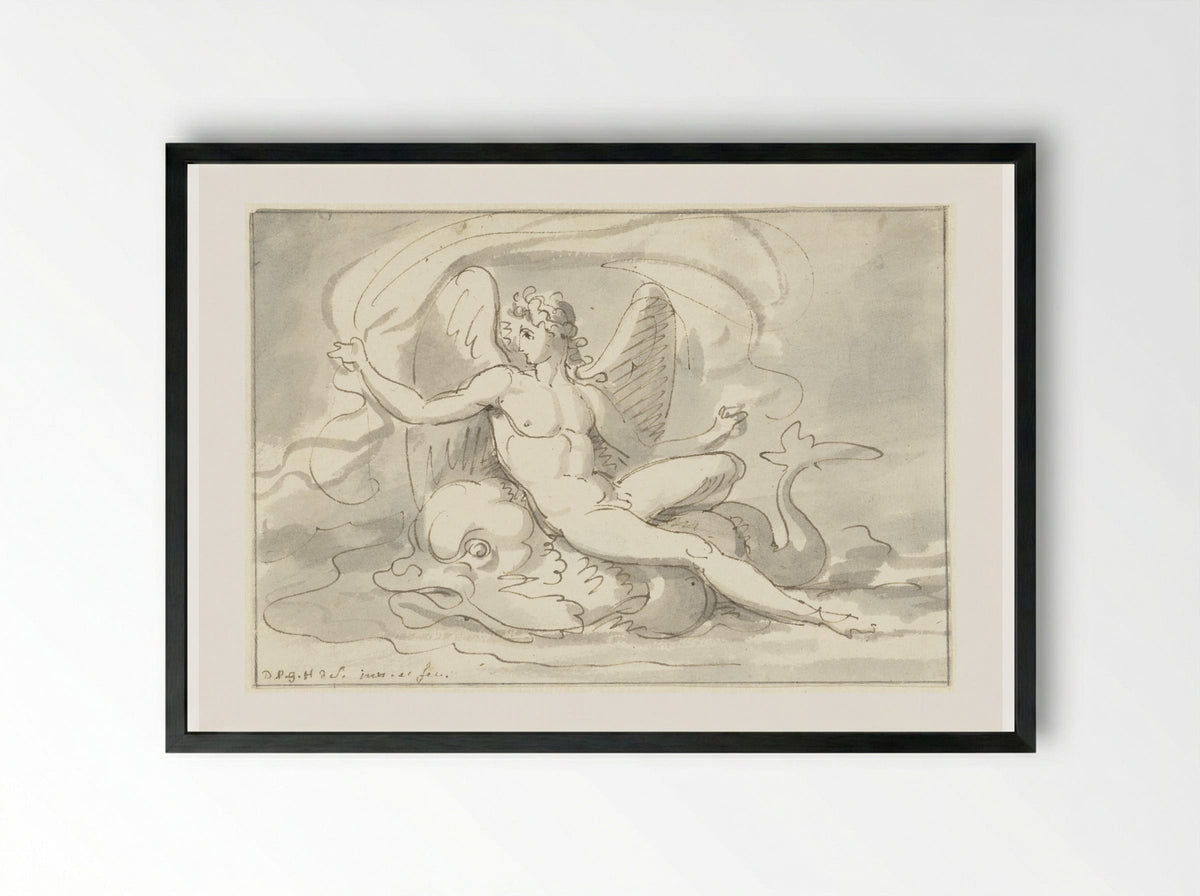Sea God on a Dolphin - David Pièrre Giottino Humbert de Superville - Framed Print Black