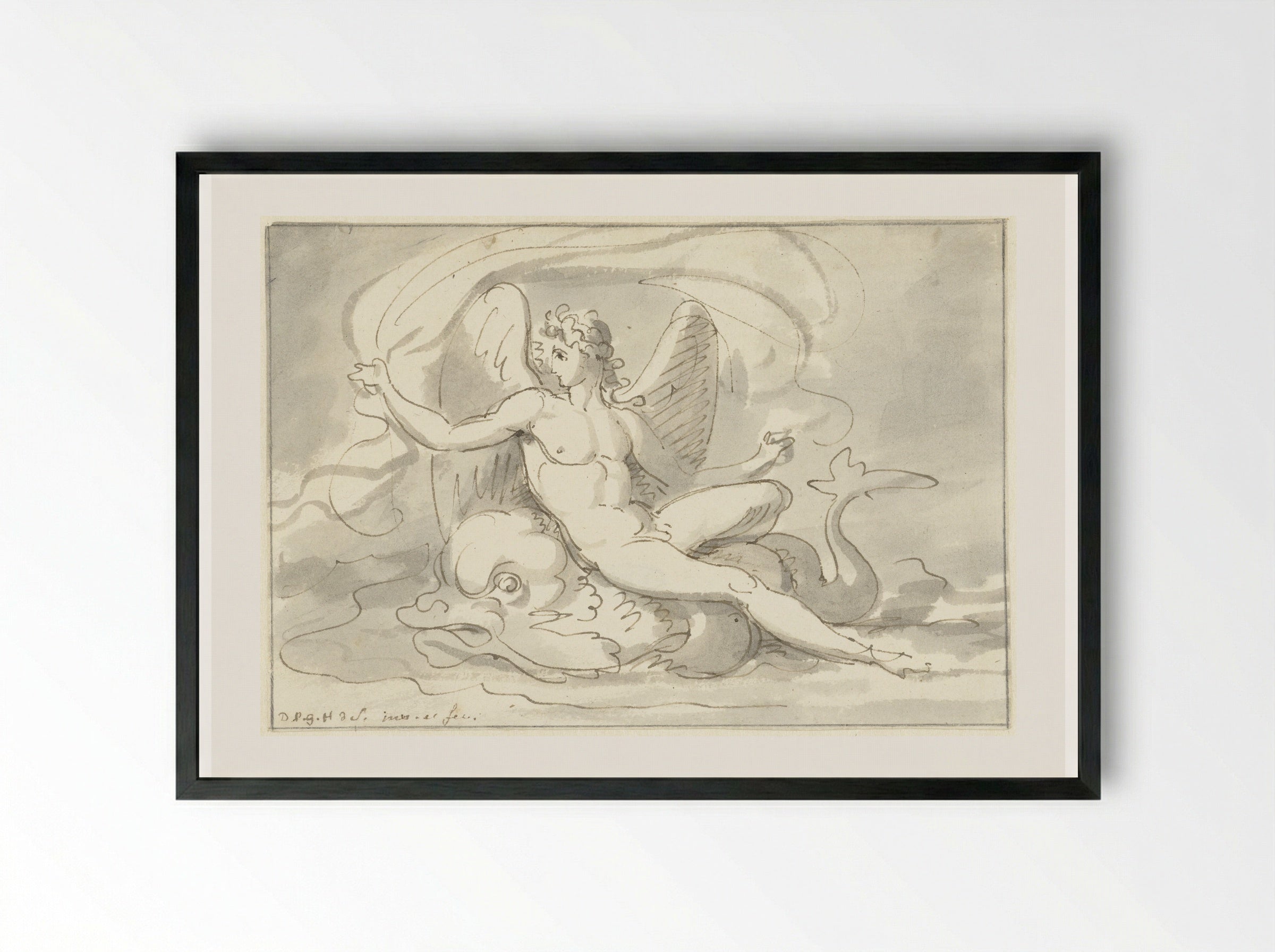Sea God on a Dolphin - David Pièrre Giottino Humbert de Superville - Framed Print Black
