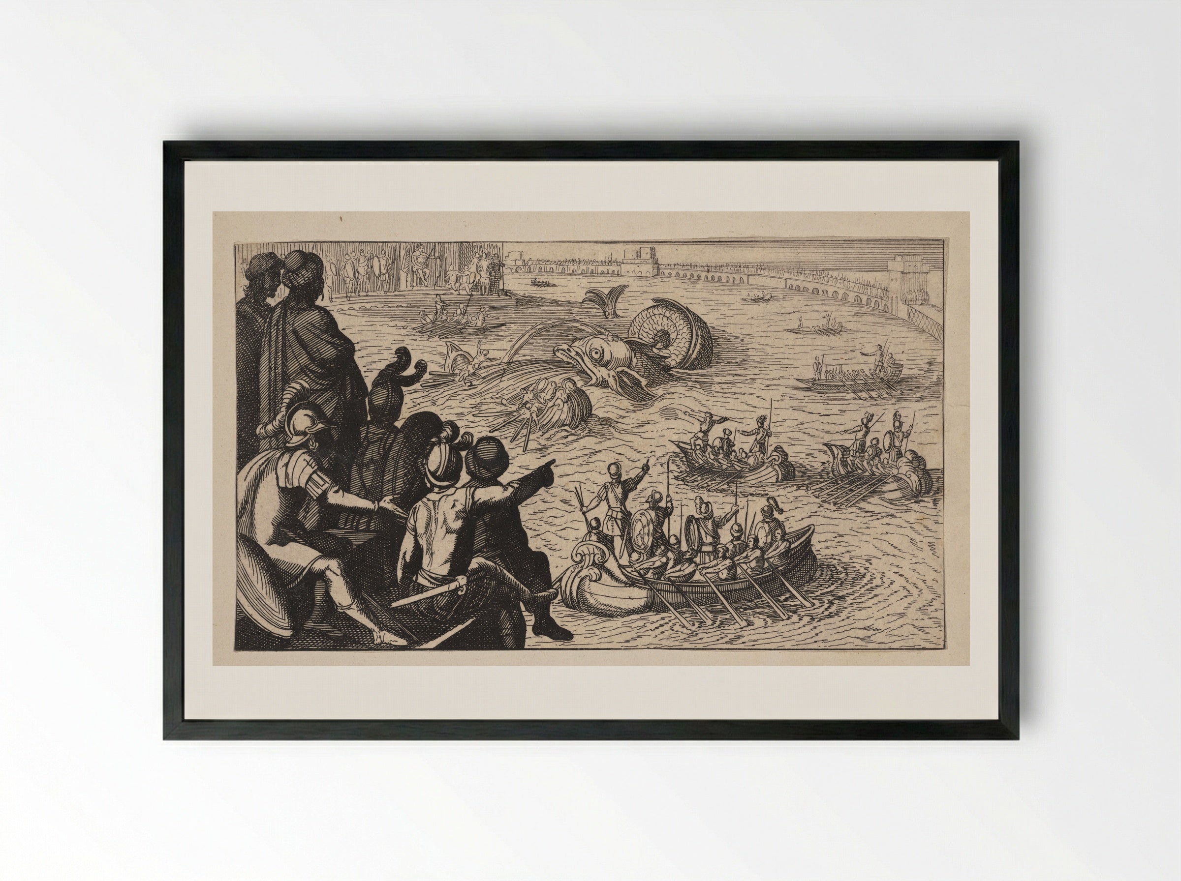 Seamen Battling a Sea Monster - Antonio Tempesta - Framed Print Black