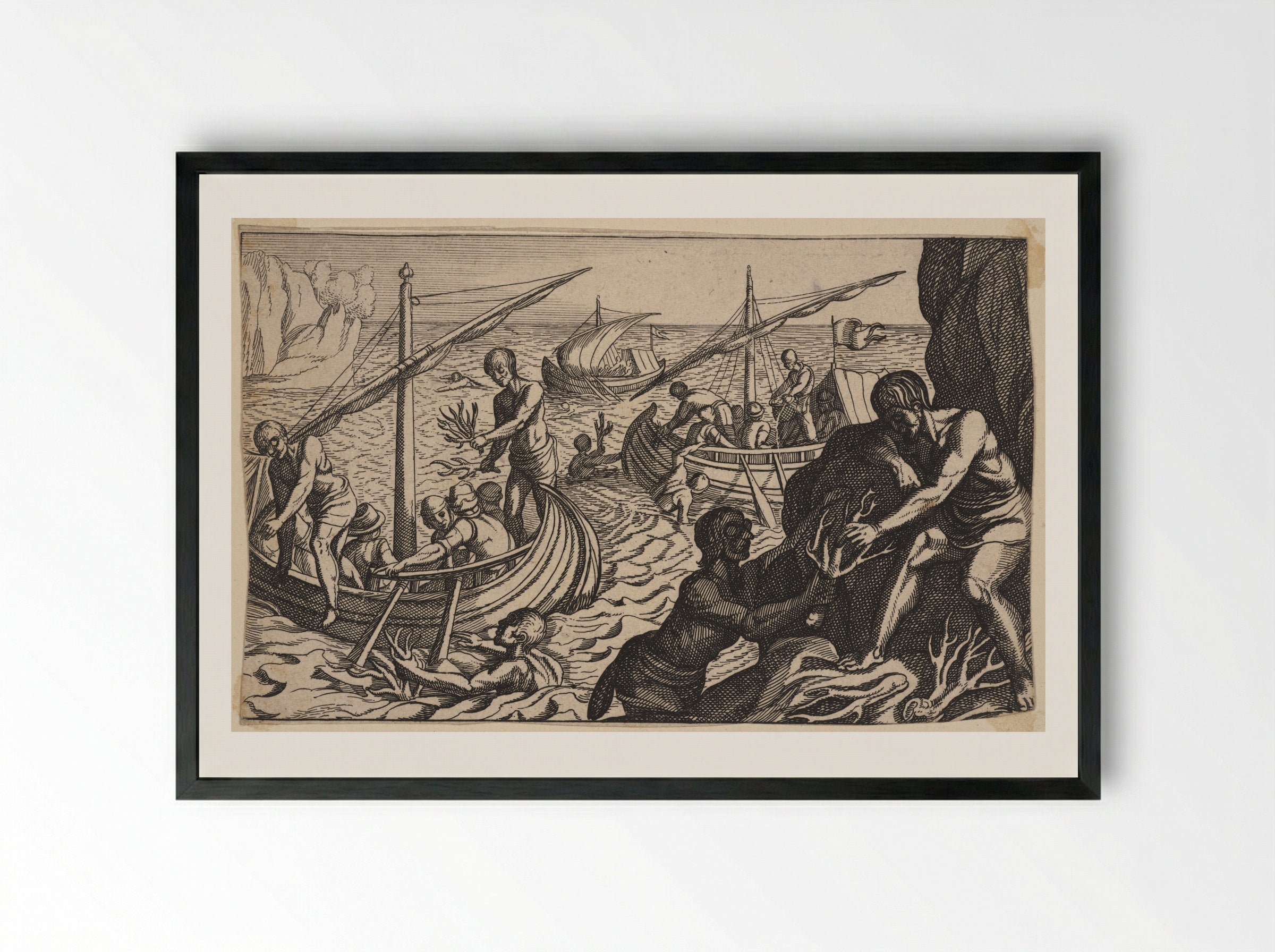 Seamen Diving for Coral - Antonio Tempesta - Framed Print Black