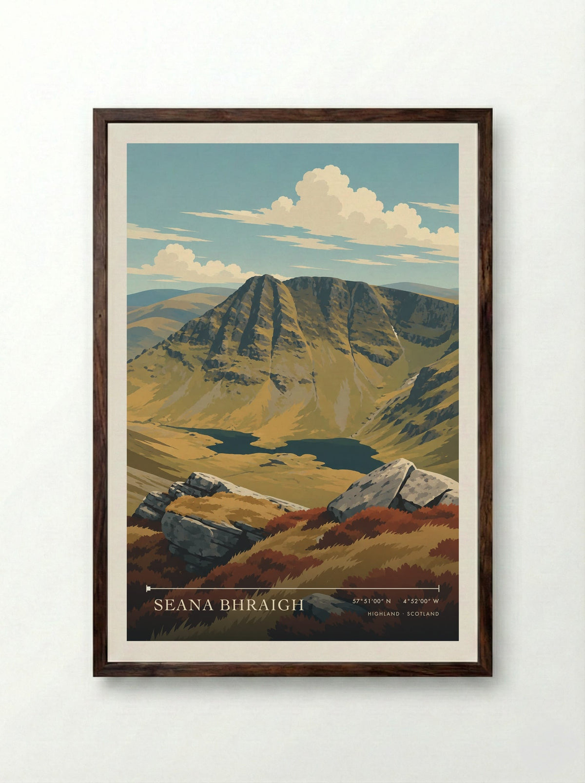Seana Bhraigh, Highland | Travel Poster - Framed Print Dark Wood