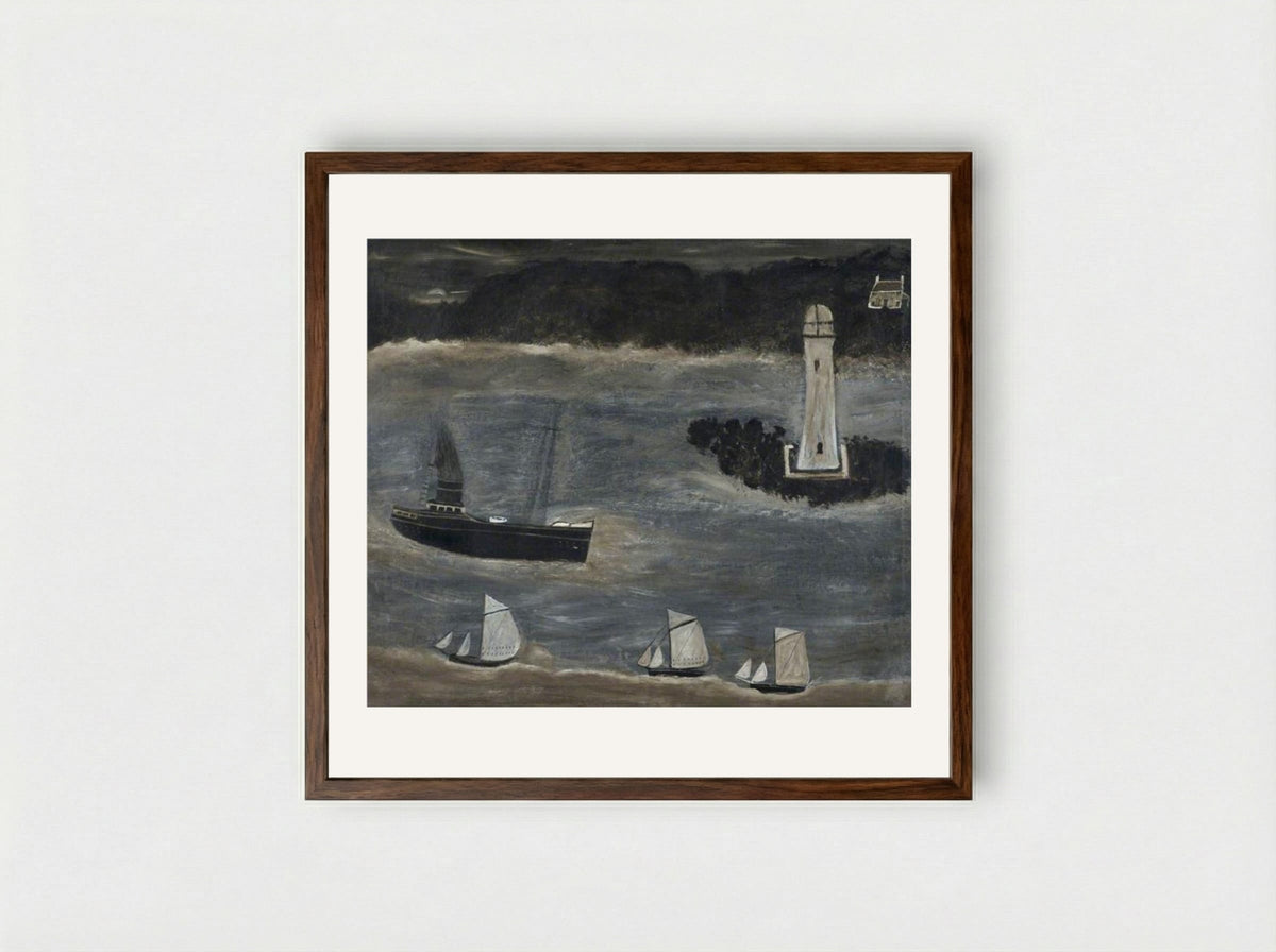 Seascape, Ships Sailing Past the Long Ships - Alfred Wallis - Framed Print Dark Wood