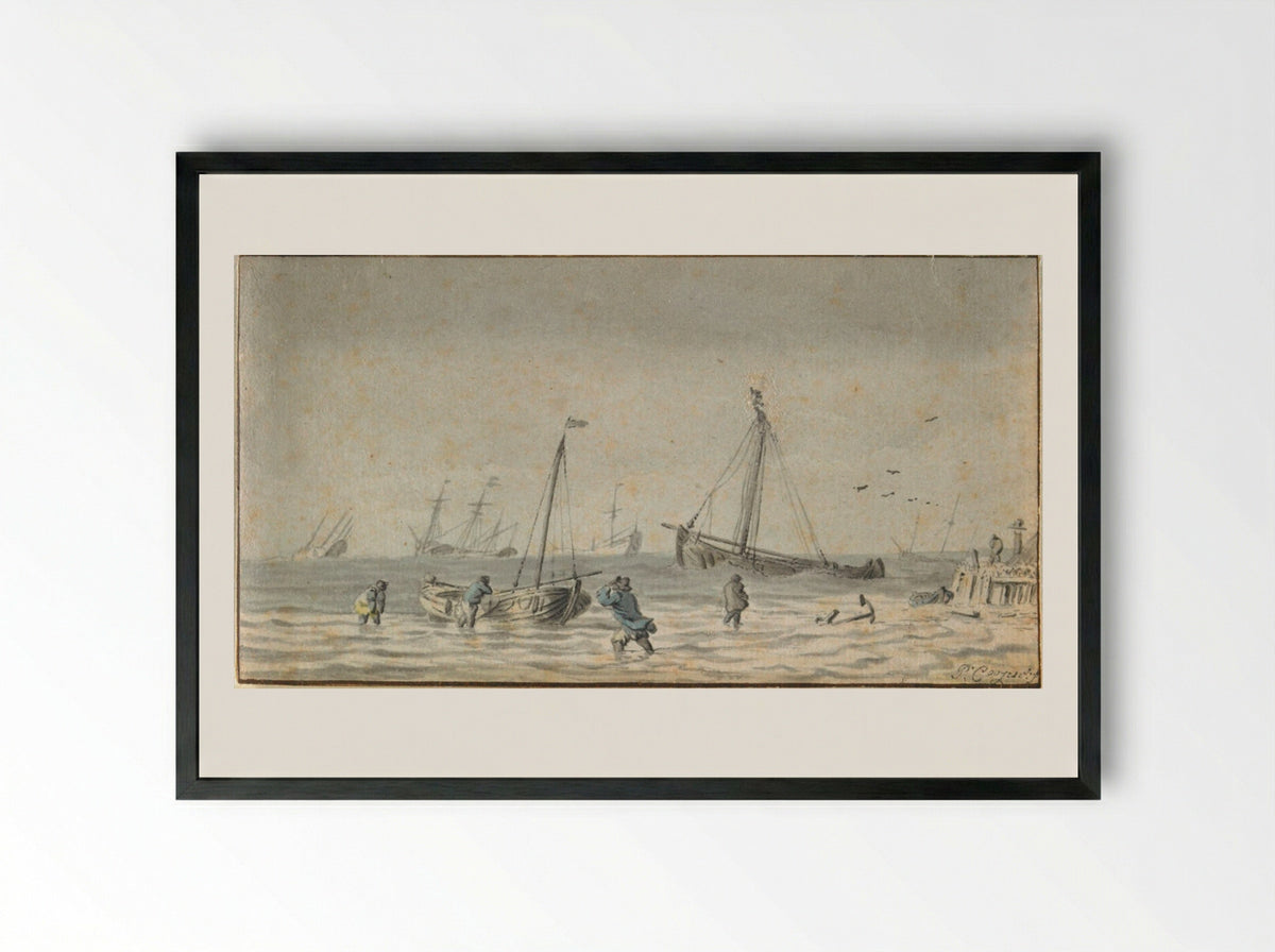 Seascape with Figures and Boats - Pieter Coopse - Framed Print Black