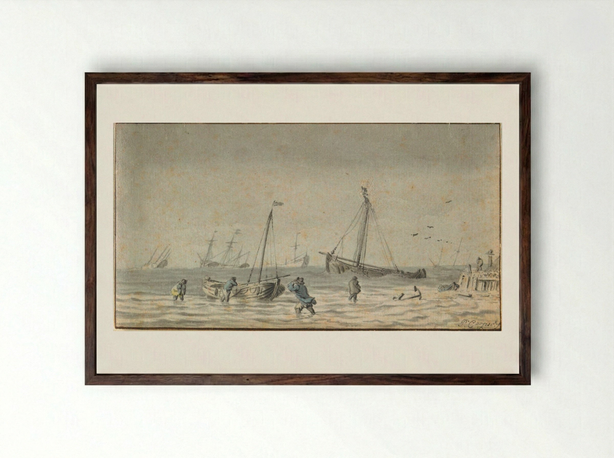 Seascape with Figures and Boats - Pieter Coopse - Framed Print Dark Wood