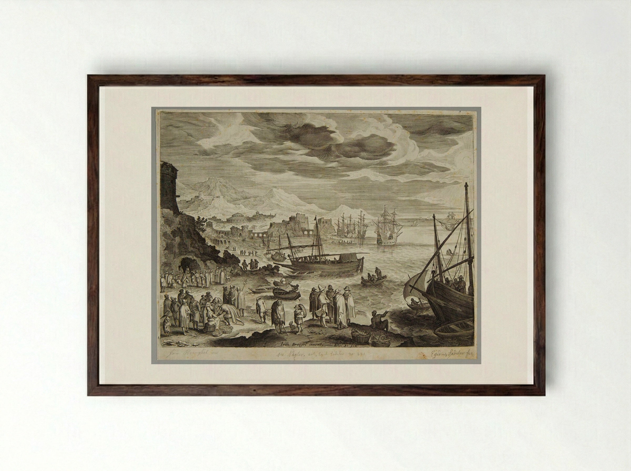 Seashore with Fishermen and Fishmongers - Aegidius Sadeler II - Framed Print Dark Wood