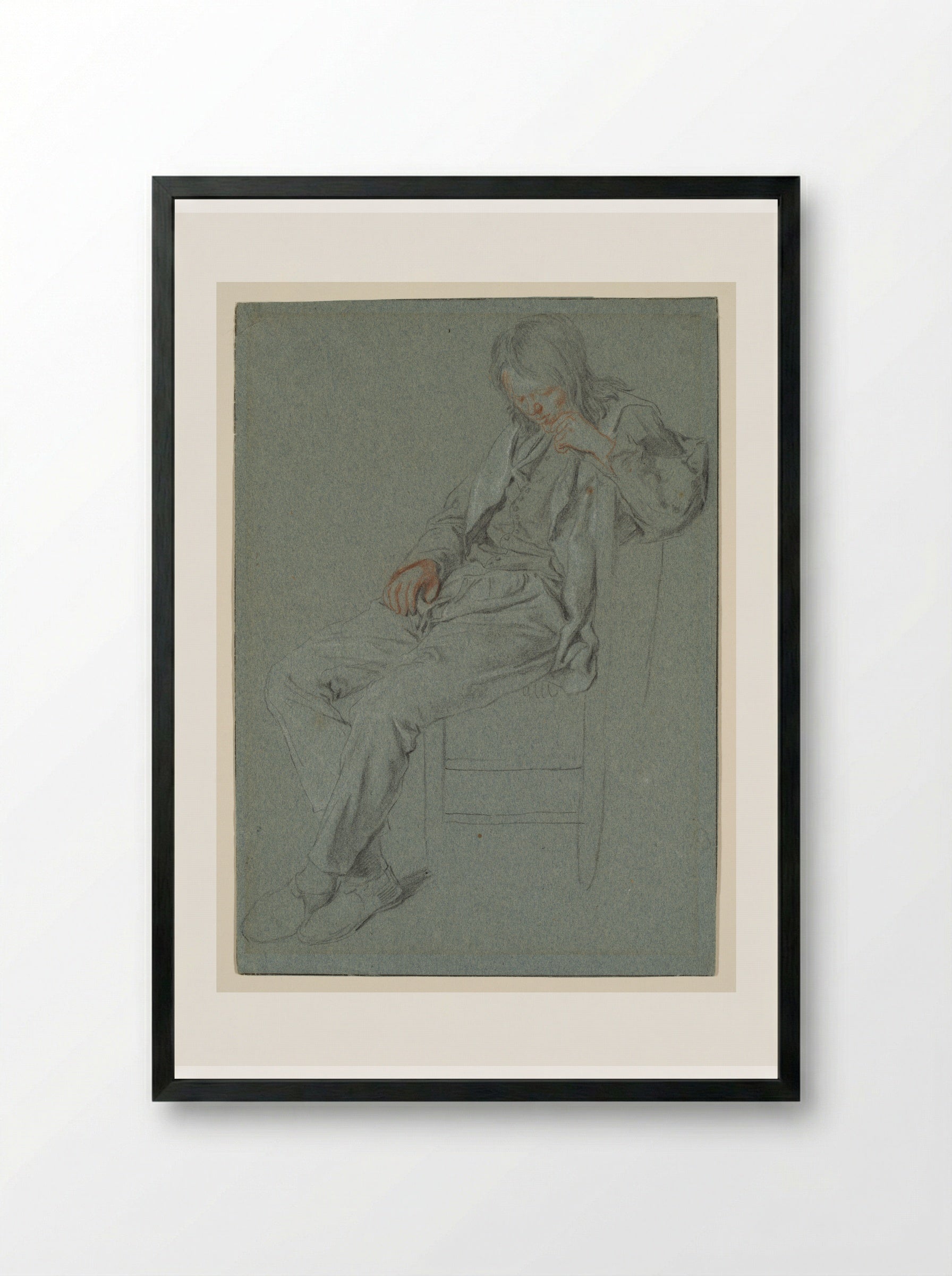 Seated Boy Looking Down - Cornelis Dusart - Framed Print Black