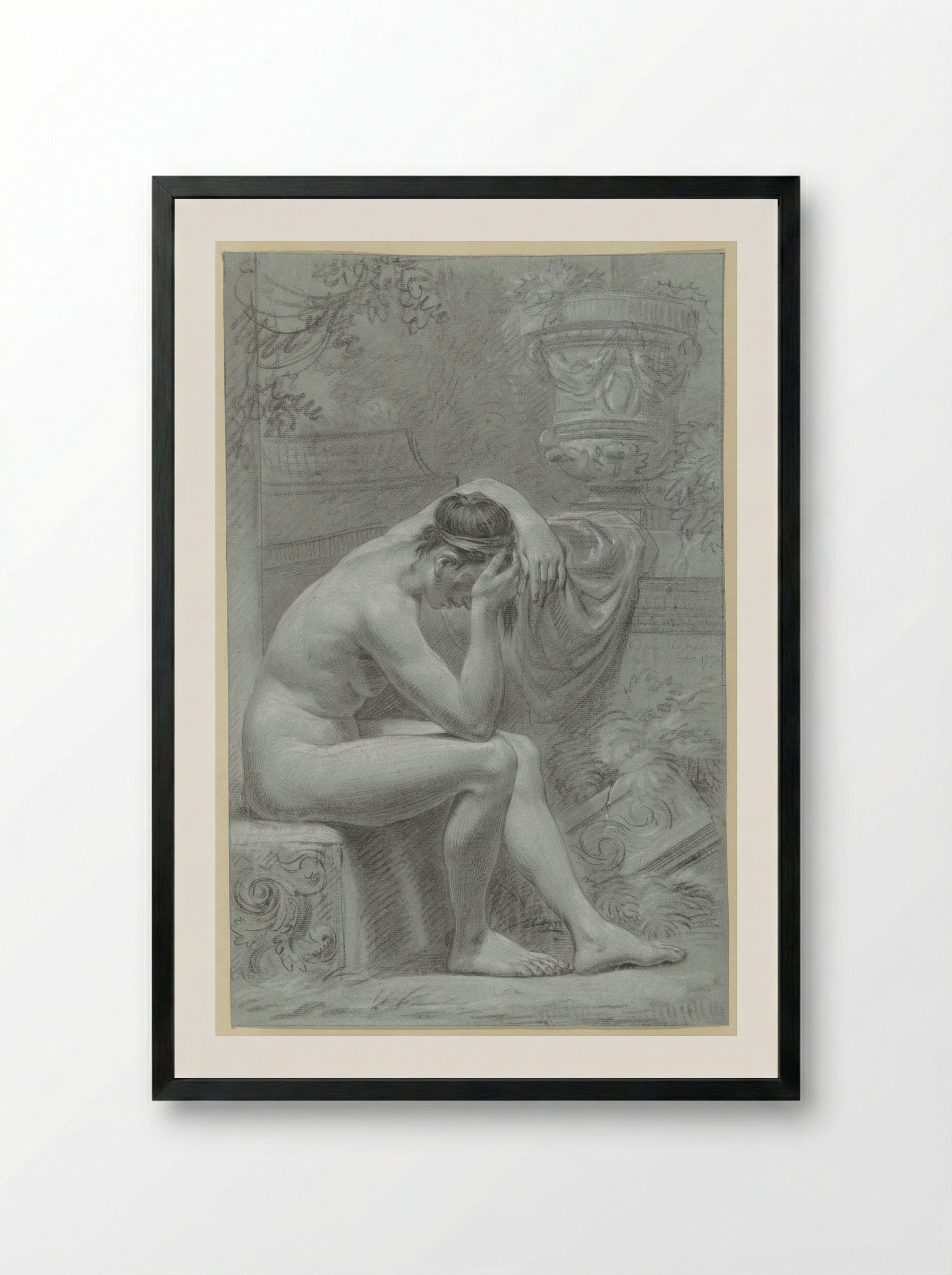Seated Female Nude, Resting her Head in her Hand - Jean Grandjean - Framed Print Black