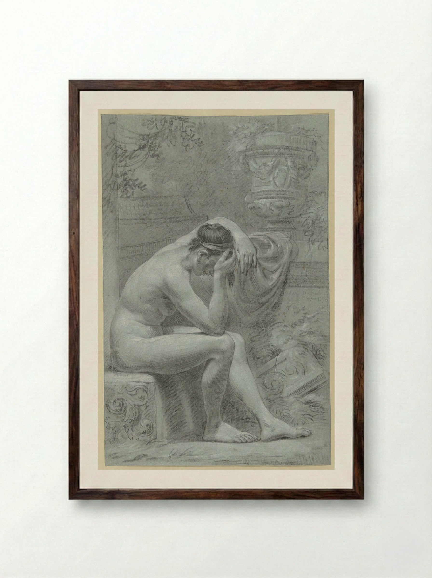 Seated Female Nude, Resting her Head in her Hand - Jean Grandjean - Framed Print Dark Wood
