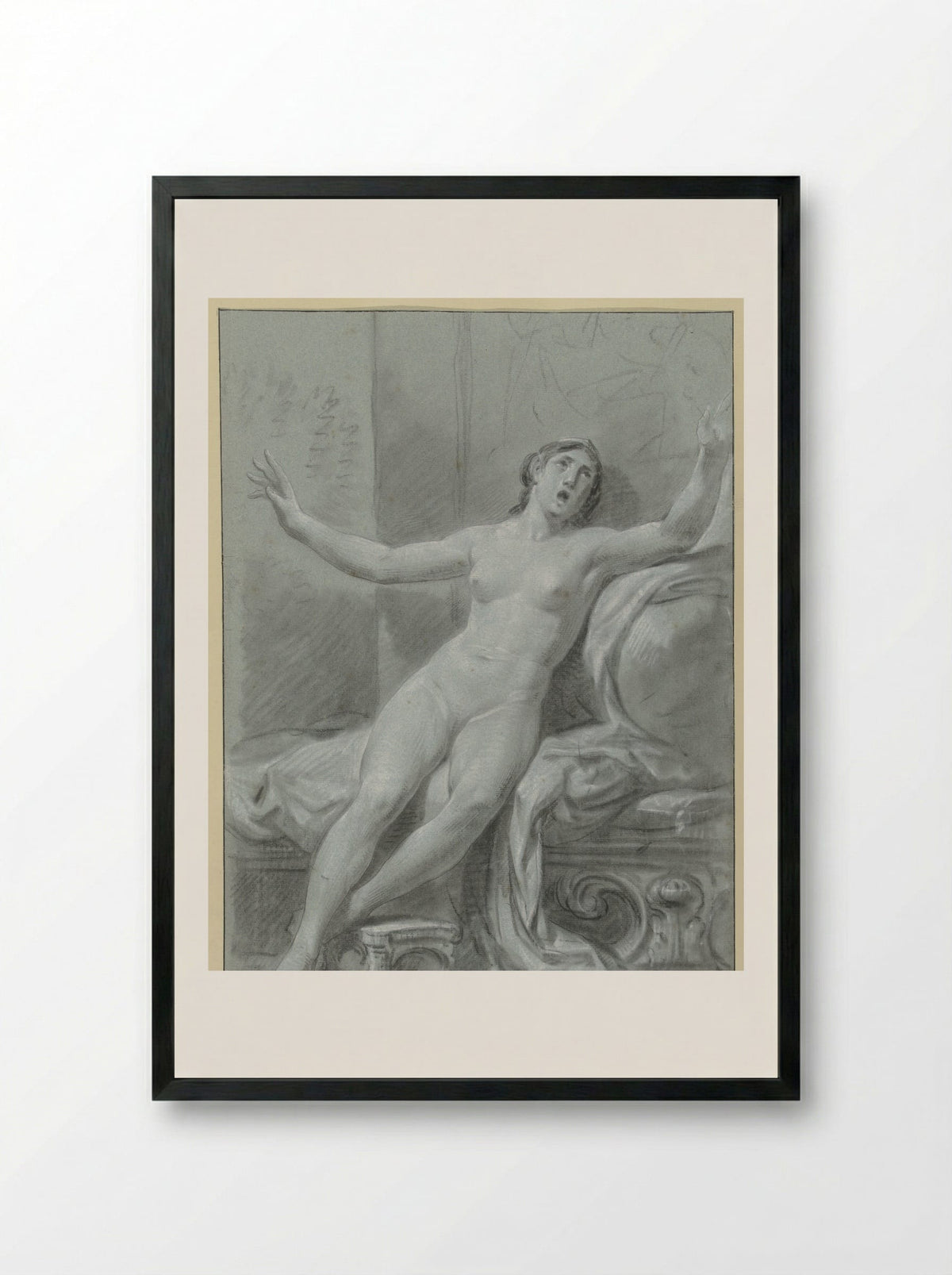 Seated Female Nude, with Raised Arms - Jean Grandjean - Framed Print Black