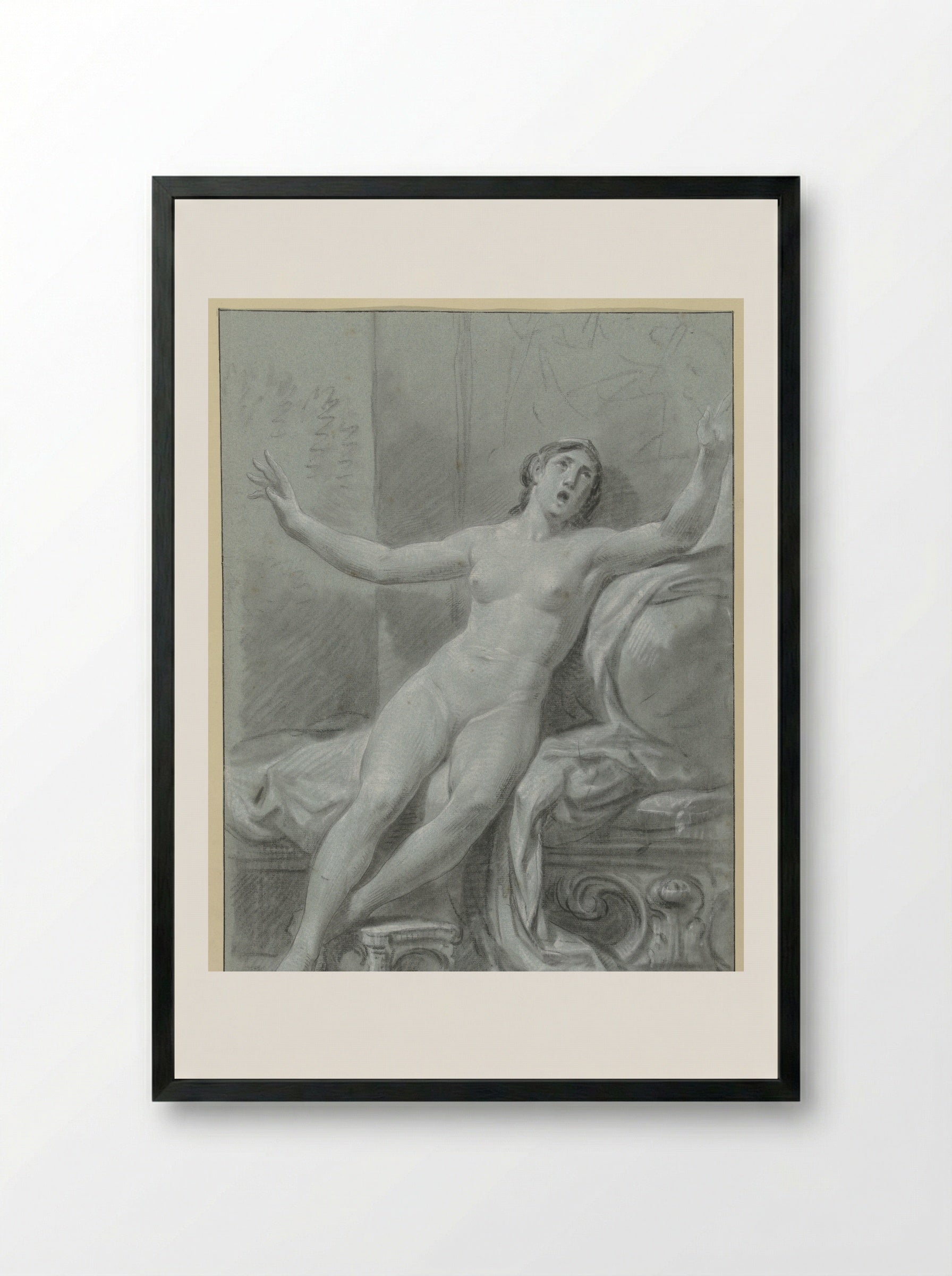 Seated Female Nude, with Raised Arms - Jean Grandjean - Framed Print Black