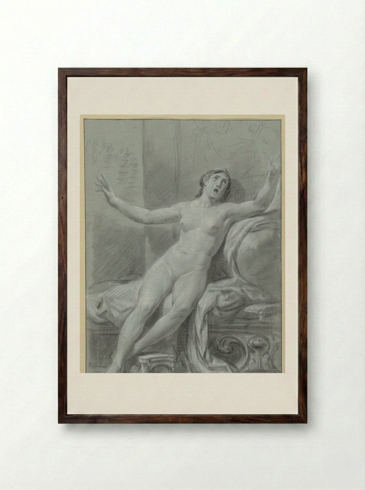 Seated Female Nude, with Raised Arms - Jean Grandjean - Framed Print Dark Wood