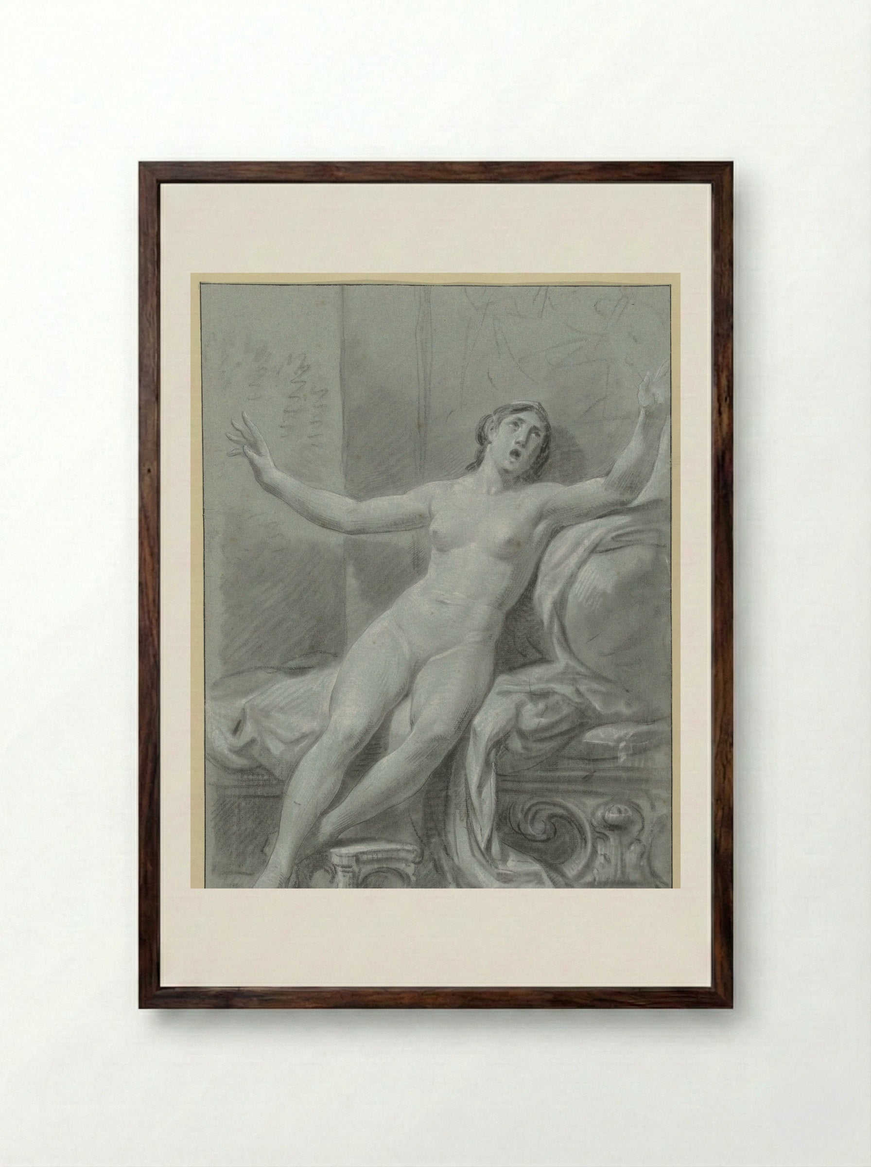 Seated Female Nude, with Raised Arms - Jean Grandjean - Framed Print Dark Wood