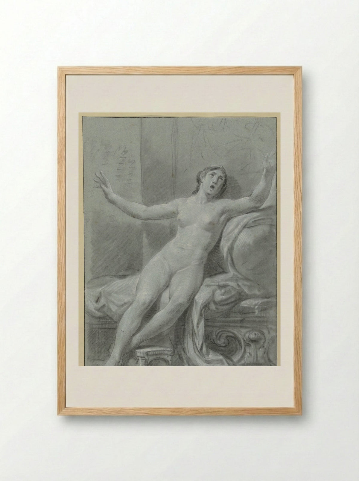 Seated Female Nude, with Raised Arms - Jean Grandjean - Framed Print Wood