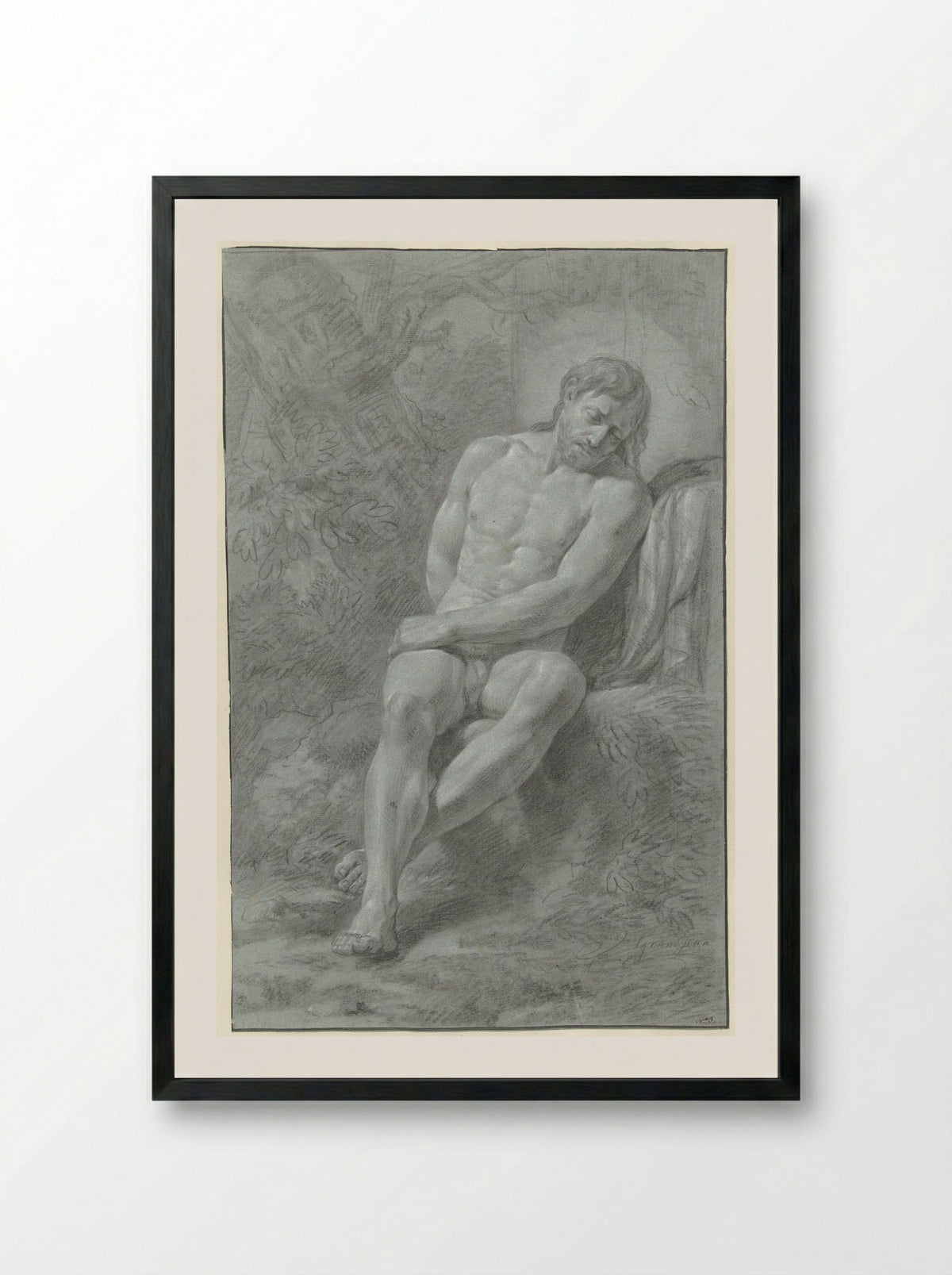 Seated Male Nude, Leaning Against a Stone - Jean Grandjean - Framed Print Black