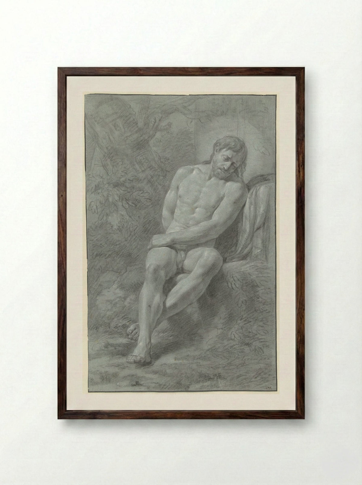 Seated Male Nude, Leaning Against a Stone - Jean Grandjean - Framed Print Dark Wood