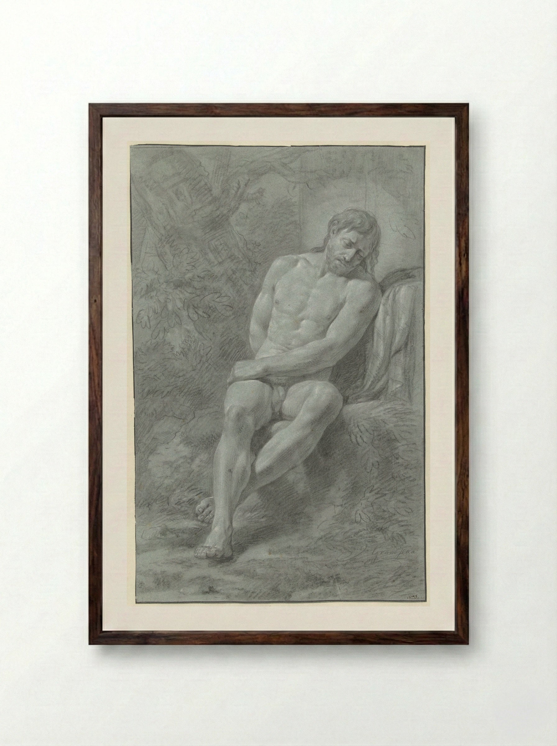 Seated Male Nude, Leaning Against a Stone - Jean Grandjean - Framed Print Dark Wood