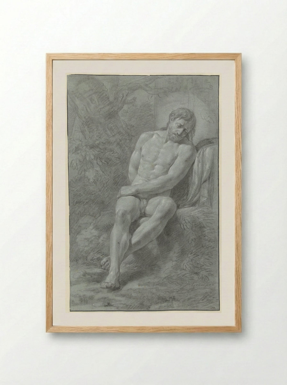 Seated Male Nude, Leaning Against a Stone - Jean Grandjean - Framed Print Wood