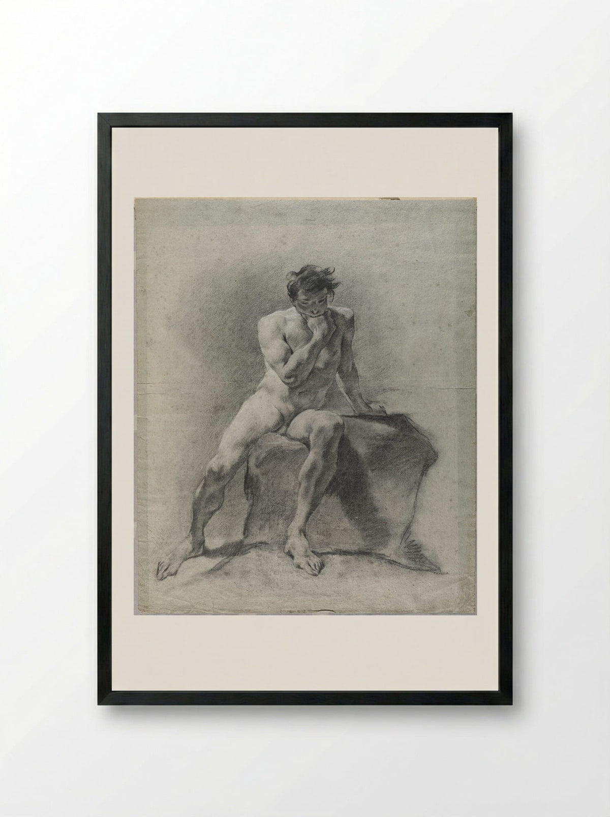 Seated Male Nude Resting His Chin in One Hand - Giovanni Battista Piazzetta - Framed Print Black