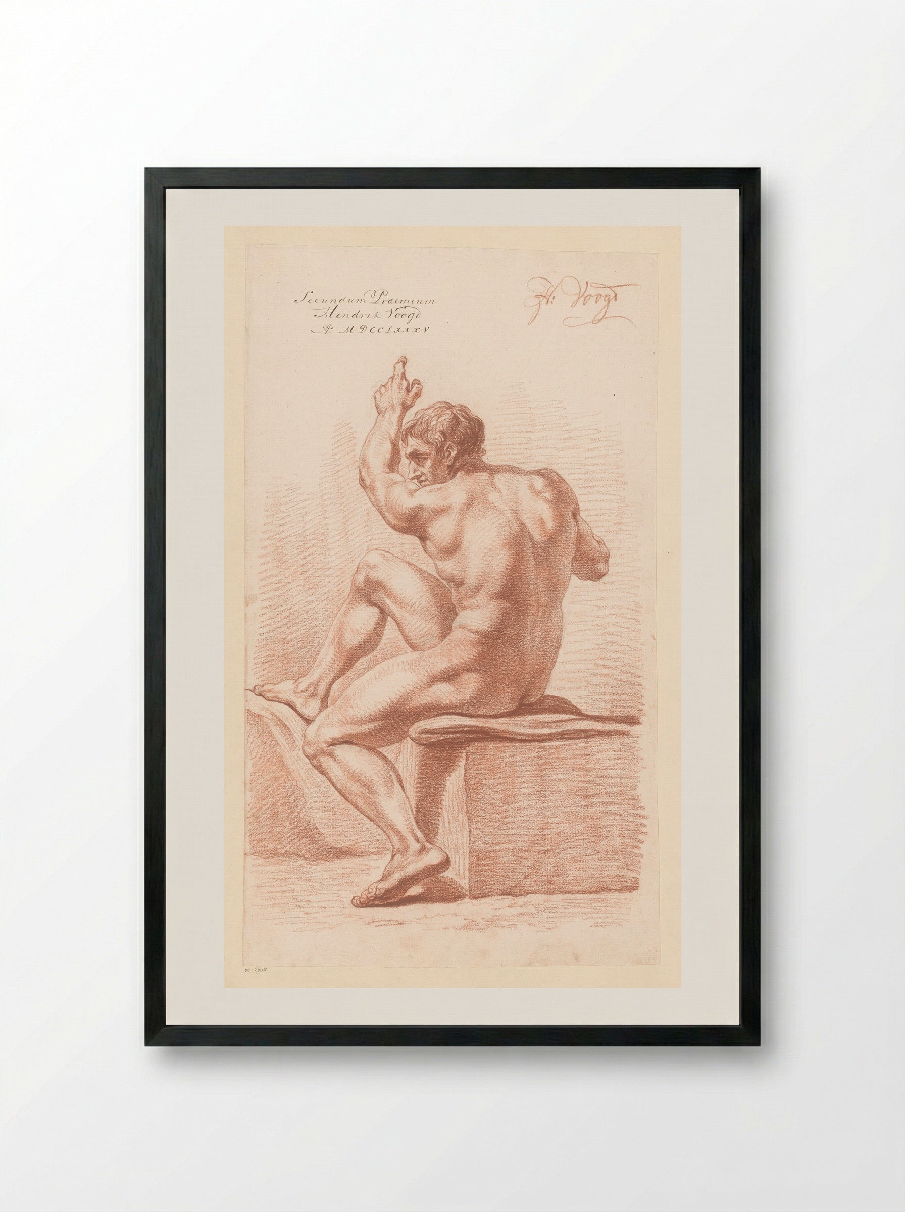 Seated Male Nude, Seen from the Back (2nd Prize 1785) - Hendrik Voogd - Framed Print Black