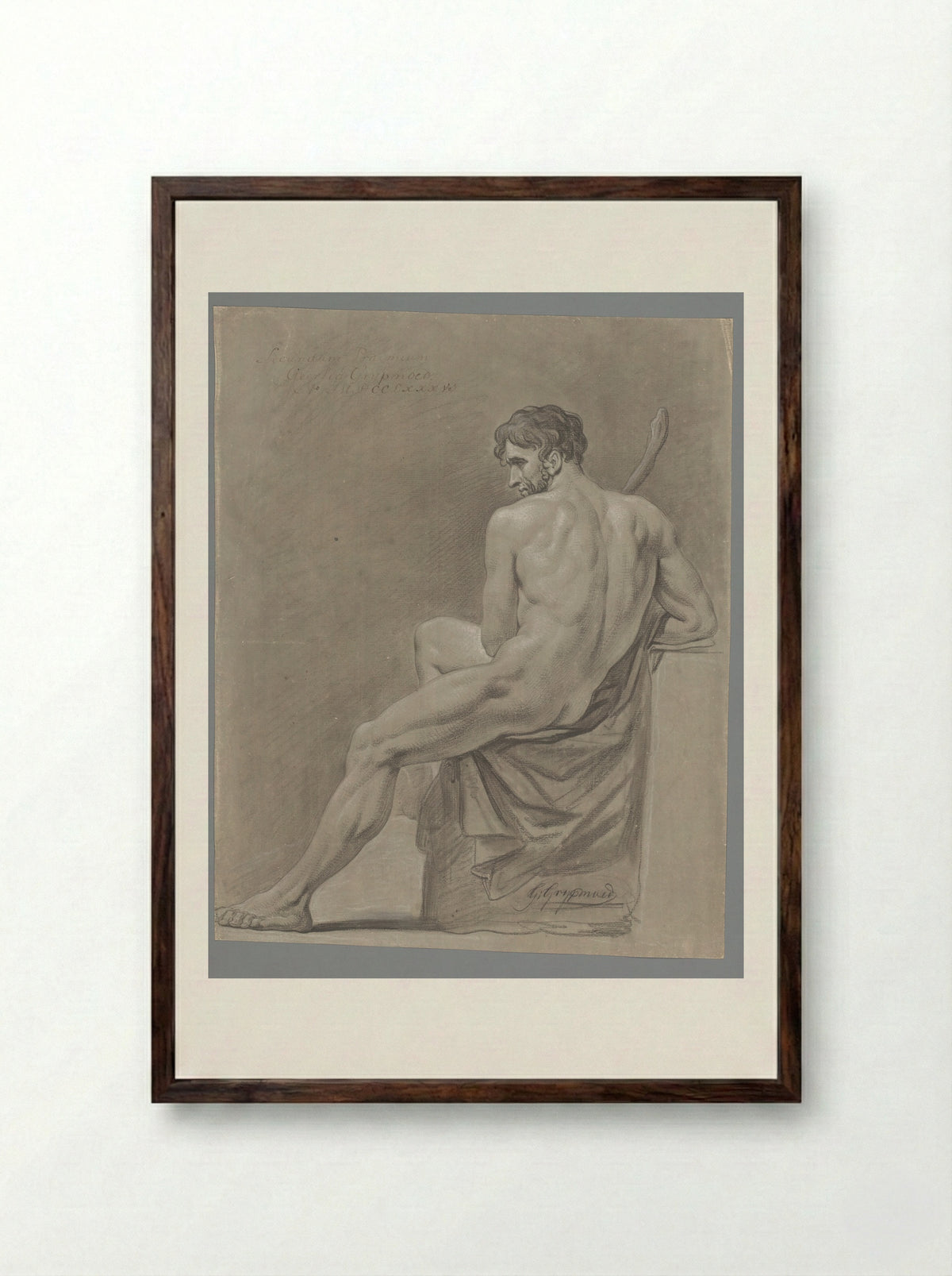 Seated Male Nude, Seen from the Back (2nd Prize 1786) - Geerlig Grijpmoed - Framed Print Dark Wood