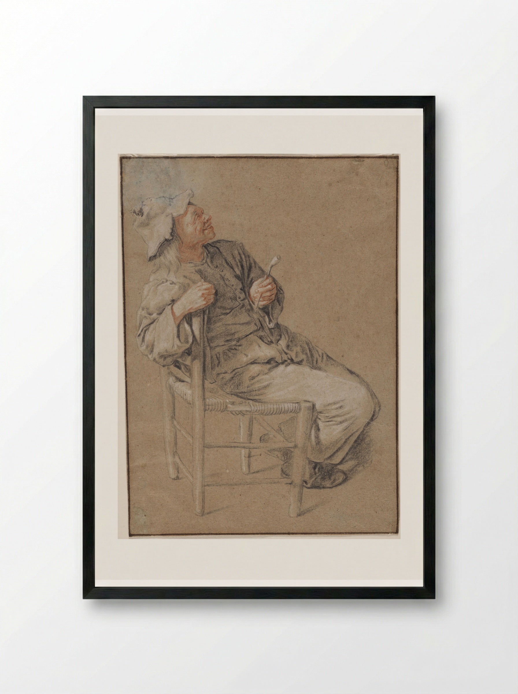 Seated Man holding a Pipe with his Arm over a Chair - Cornelis Dusart - Framed Print Black