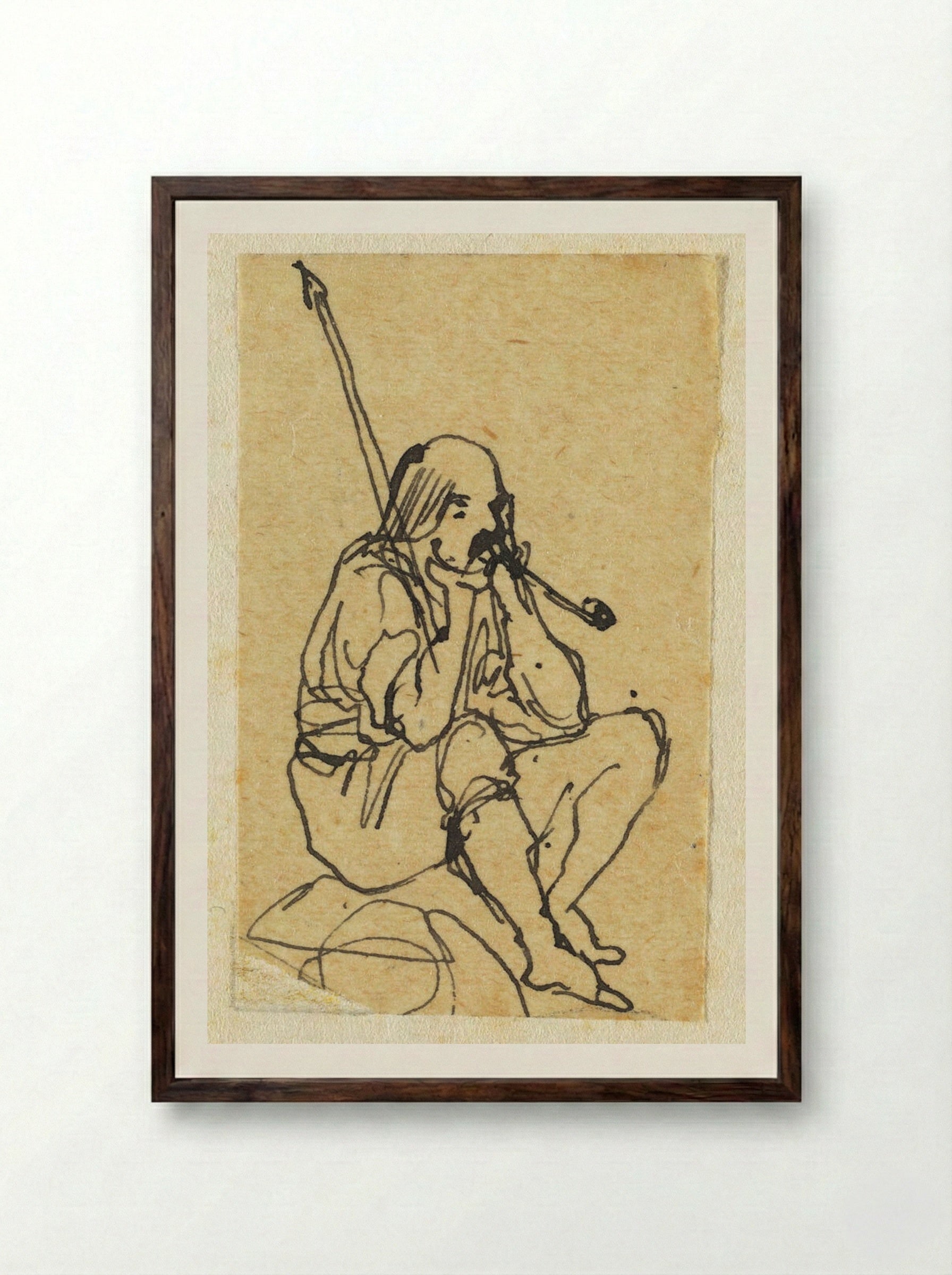 Seated Man with a Stick, Smoking a Pipe - Rodolphe Bresdin - Framed Print Dark Wood